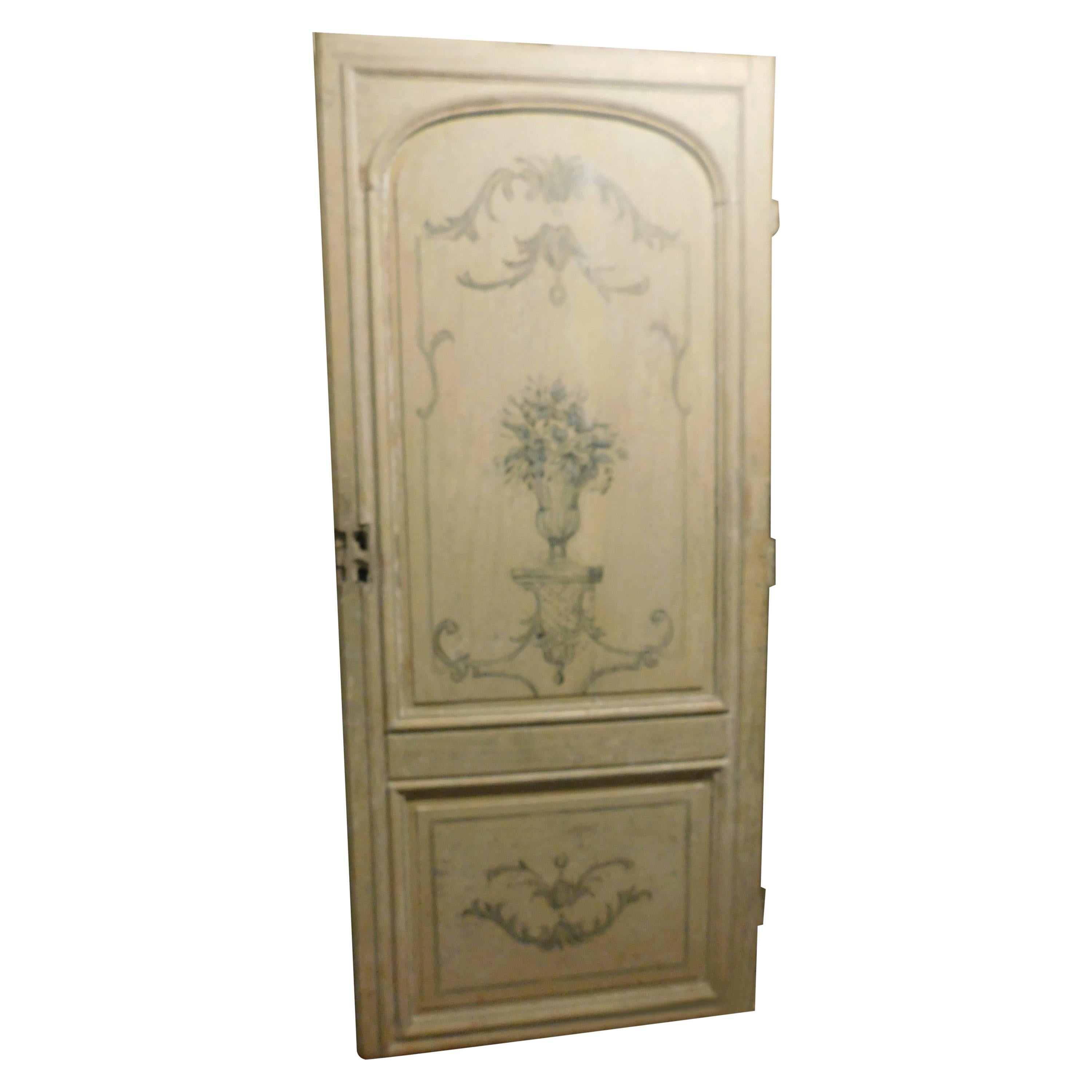 Antique Cream Lacquered Wooden Door, Hand Painted Blue, Both Side, 1700, Italy