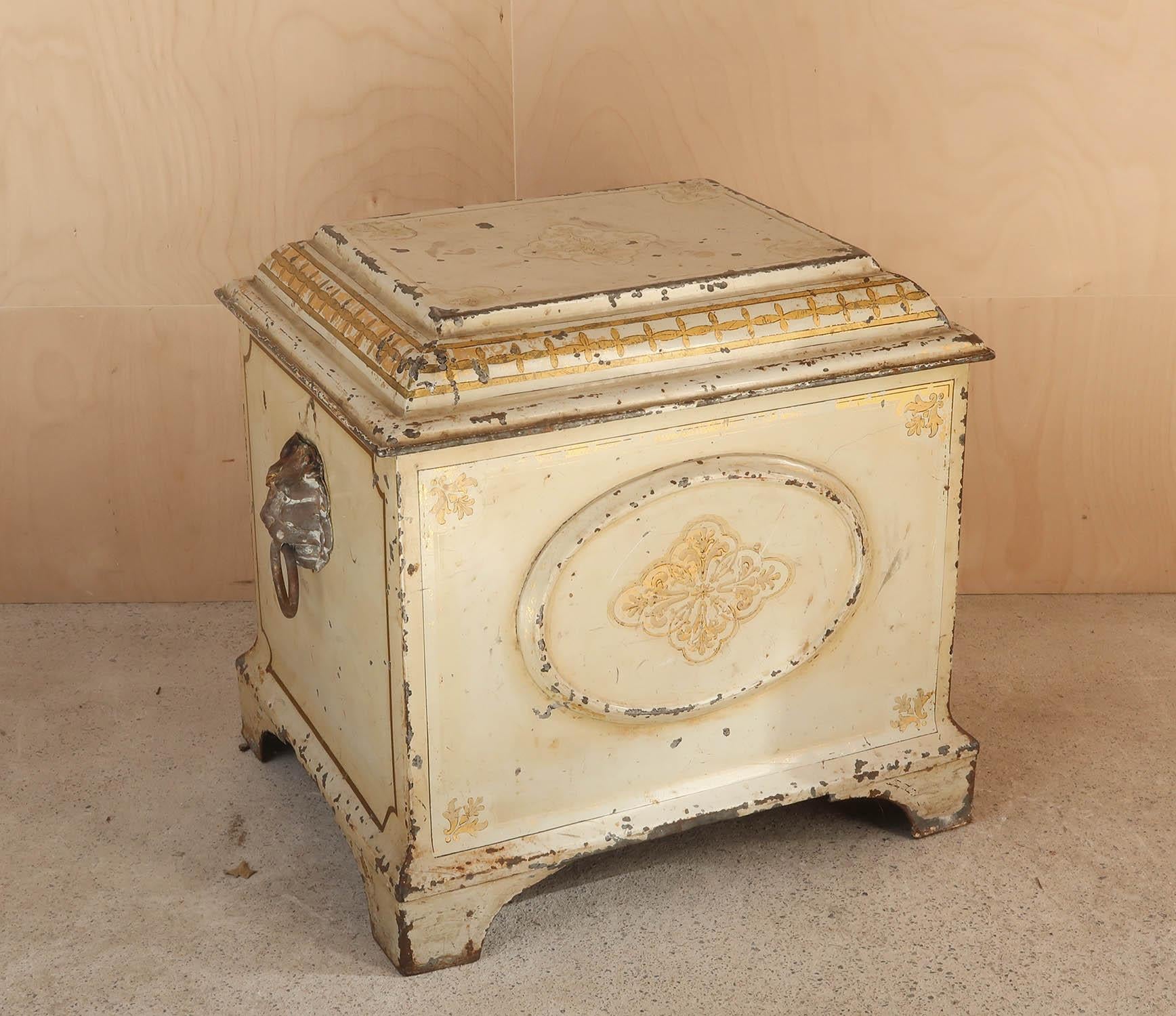 Wonderful toleware chest

Not sure what the original function was. No evidence to suggest it was a coal bin.

Cream painted with gilt decoration in neoclassical style. Original paint.

Black Japanned interior

Countryhouse condition. Structurally