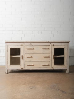 Distressed Cream Painted Wooden Sideboard with Glass Doors