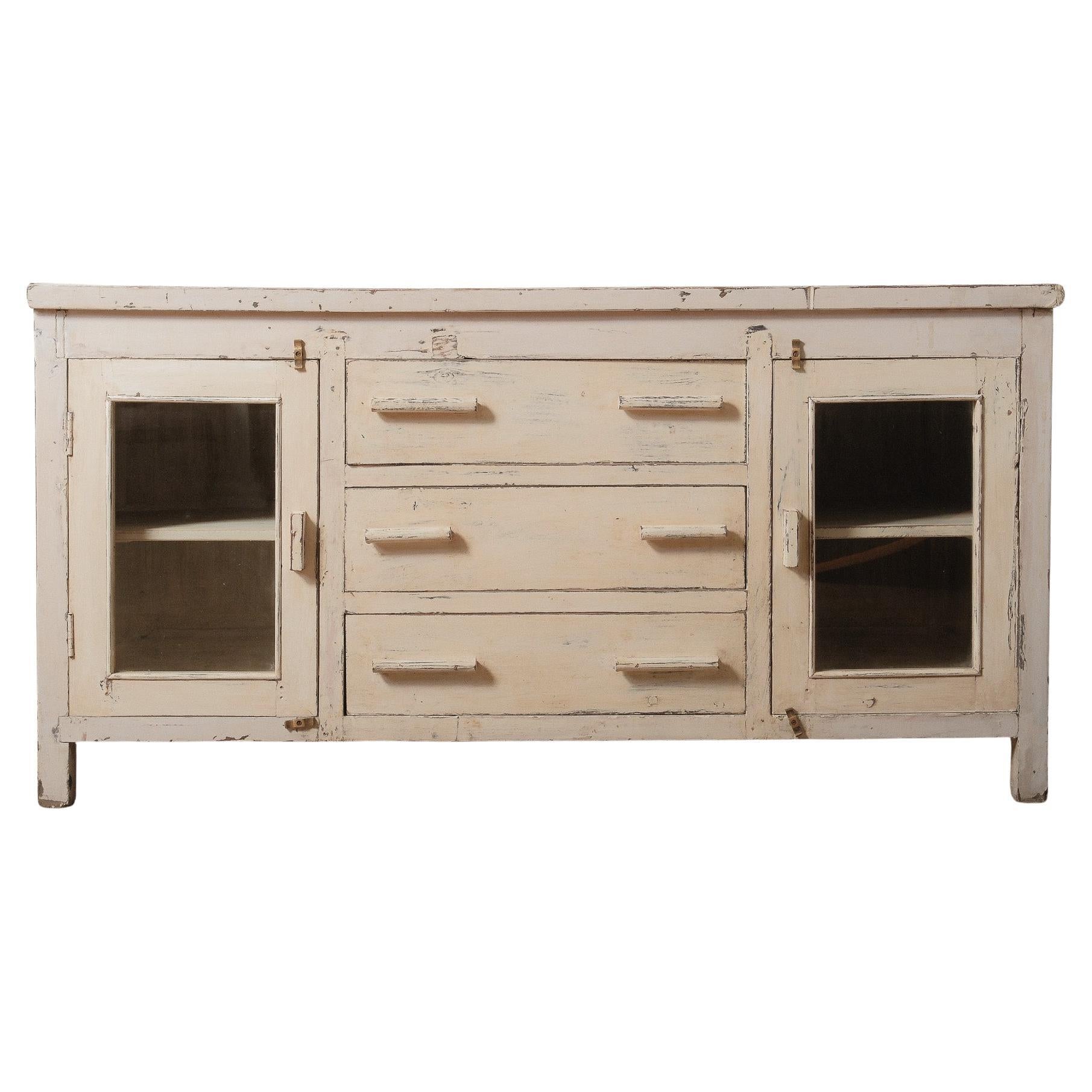 Distressed Cream Painted Wooden Sideboard with Glass Doors