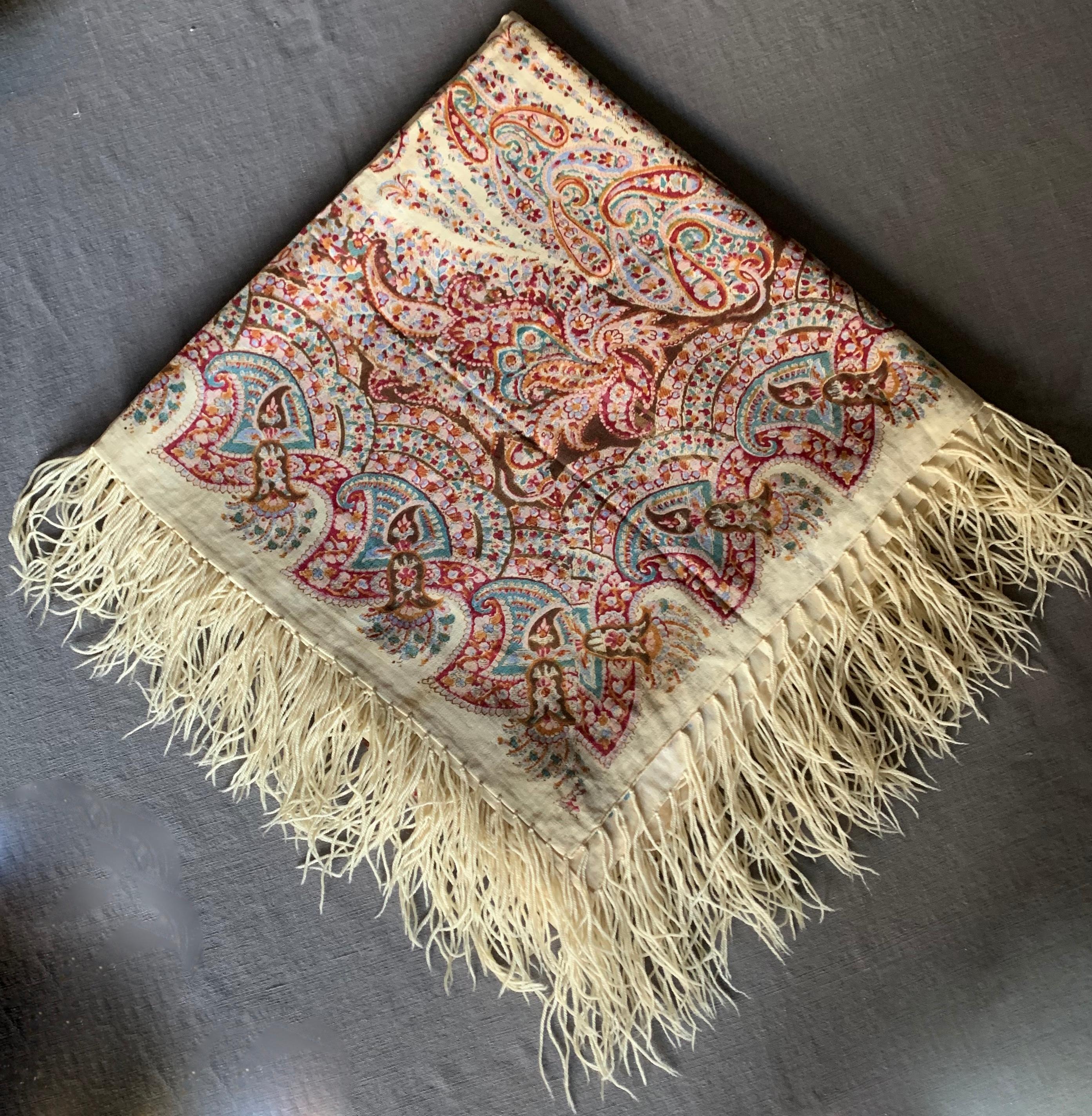 19th Century Antique Cream, Pink, Magenta, Brown and Green Paisley Shawl For Sale