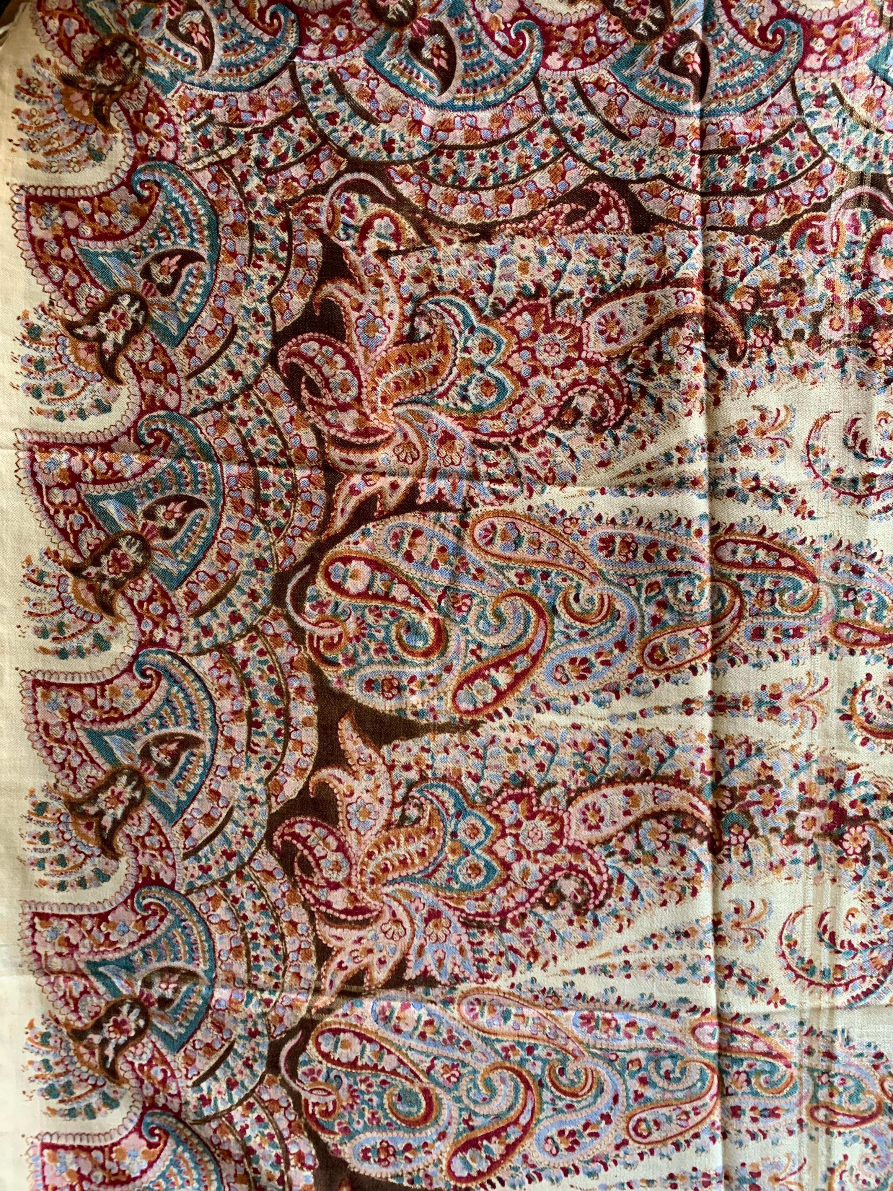 Victorian Antique Cream, Pink, Magenta, Brown and Green Paisley Shawl For Sale