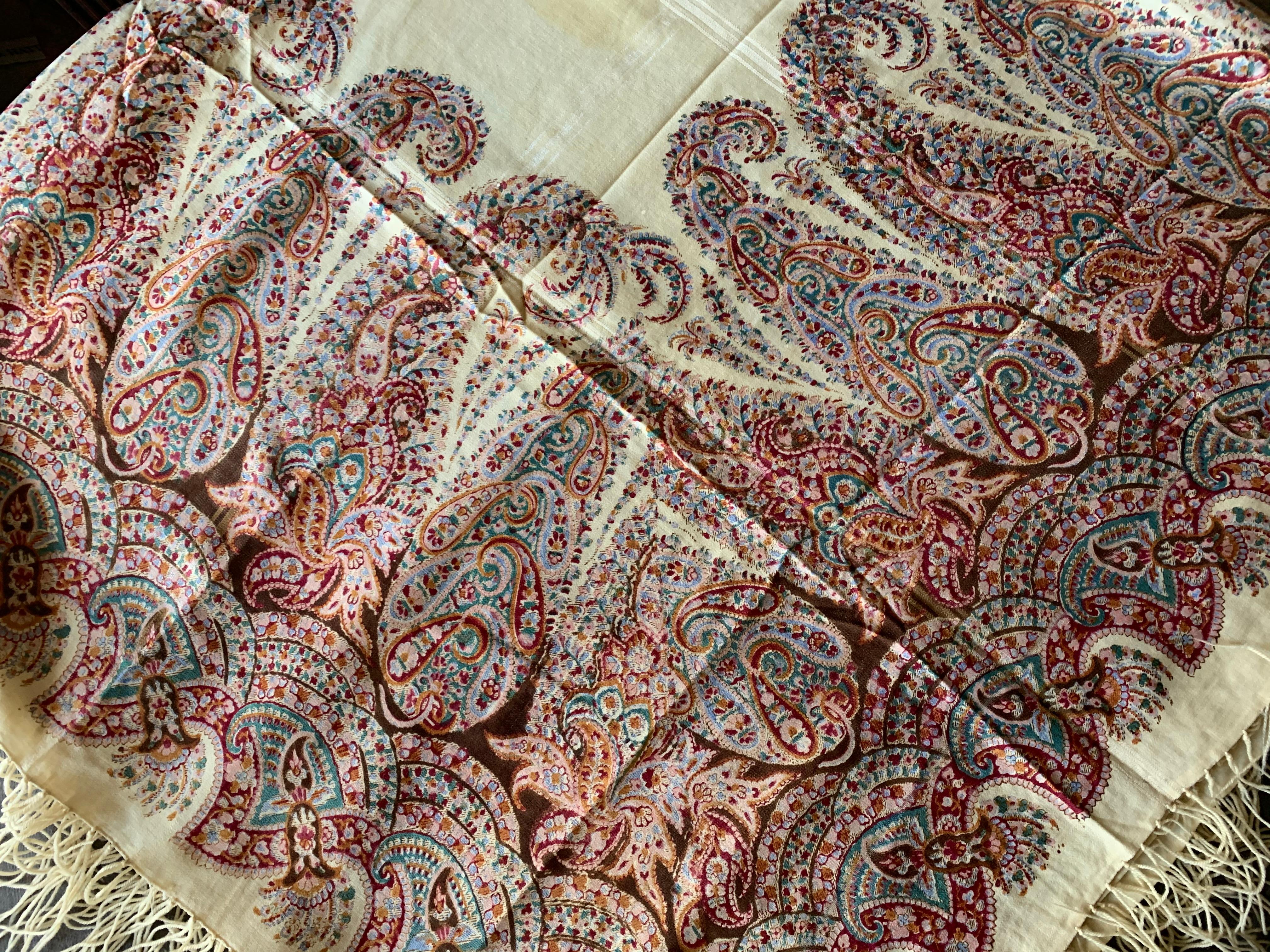 European Antique Cream, Pink, Magenta, Brown and Green Paisley Shawl For Sale