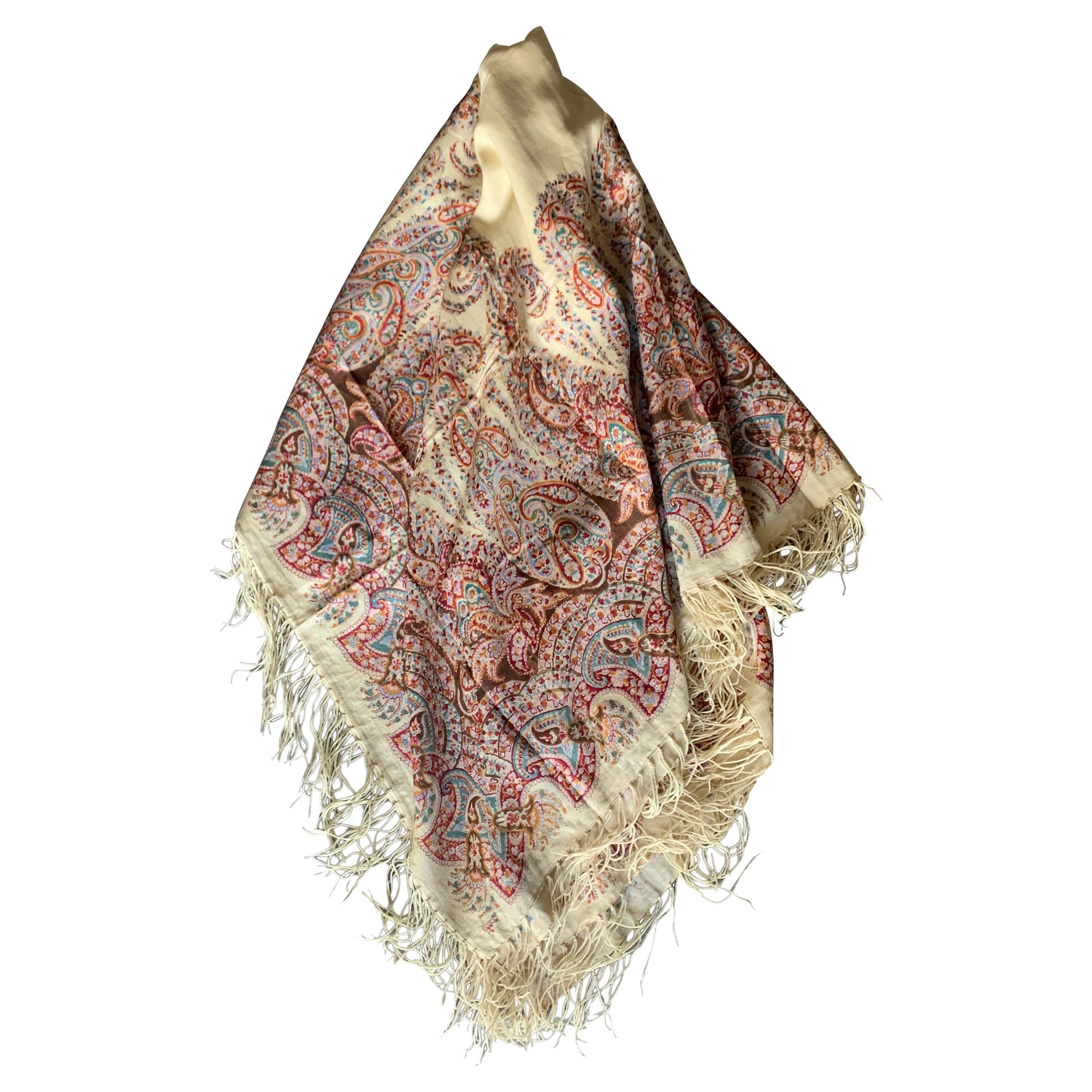 Antique Cream, Pink, Magenta, Brown and Green Paisley Shawl For Sale