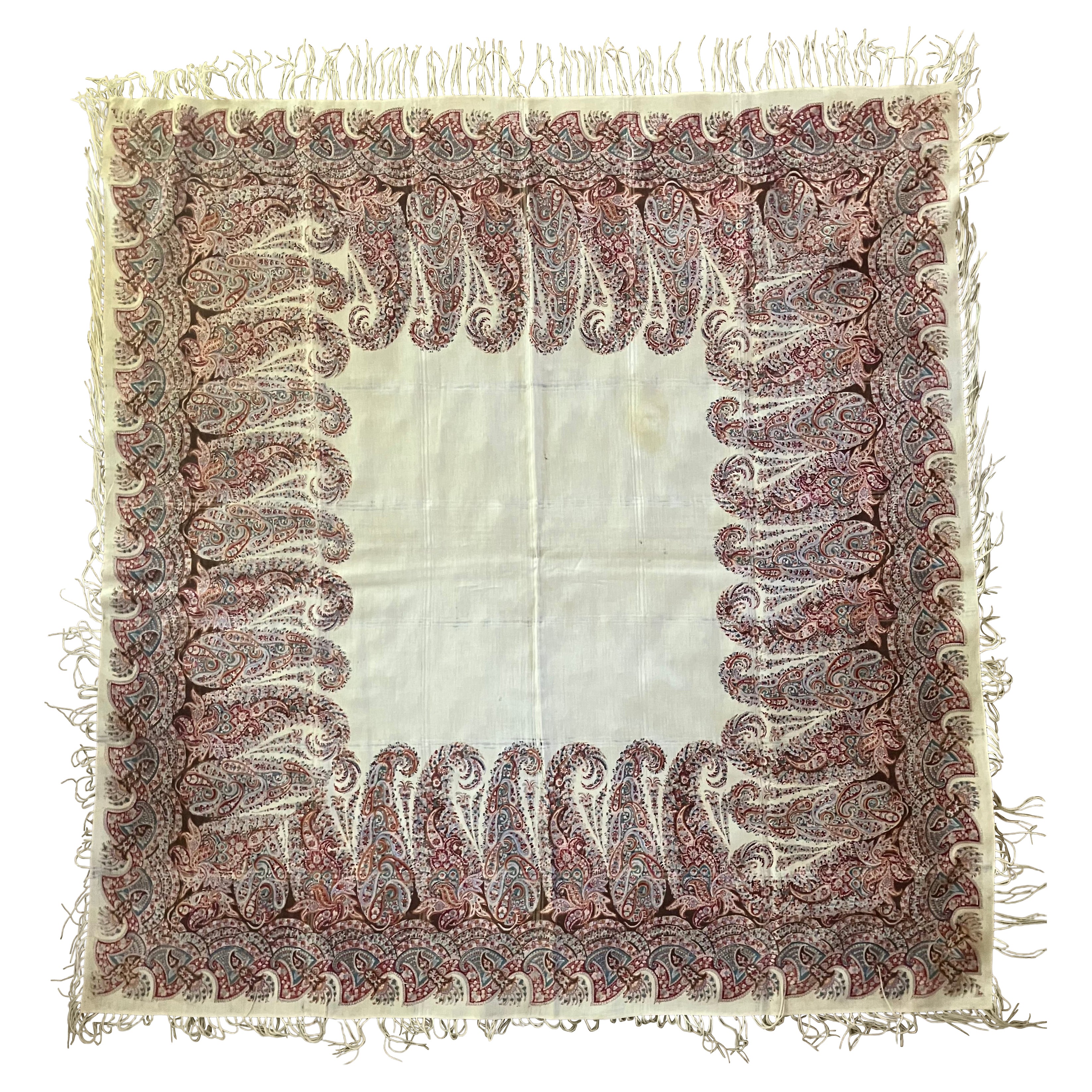 Châle cachemire ancien crème, rose, magenta, marron et vert en vente