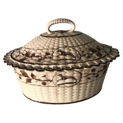 Antique Cream Ware Butter Dish Pierced Rim Basket Weave Style with Dog Armorial