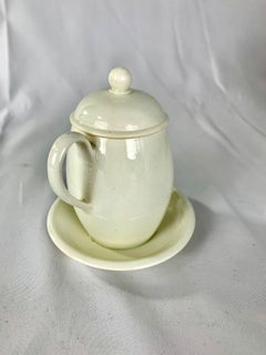 Antique Creamware Mustard Pot with Lid and Stand, England Circa 1810