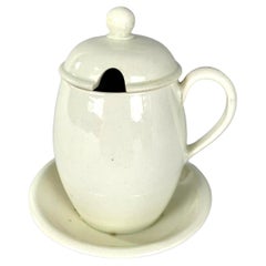 Antique Creamware Mustard Pot with Lid and Stand, England Circa 1810