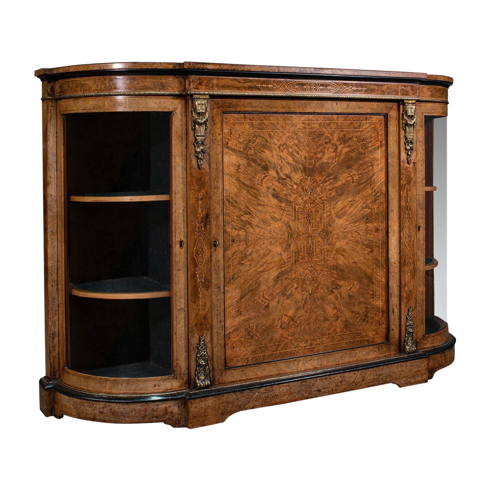 Antique Credenza, English, Burr Walnut, Sideboard, Display Cabinet, Regency For Sale
