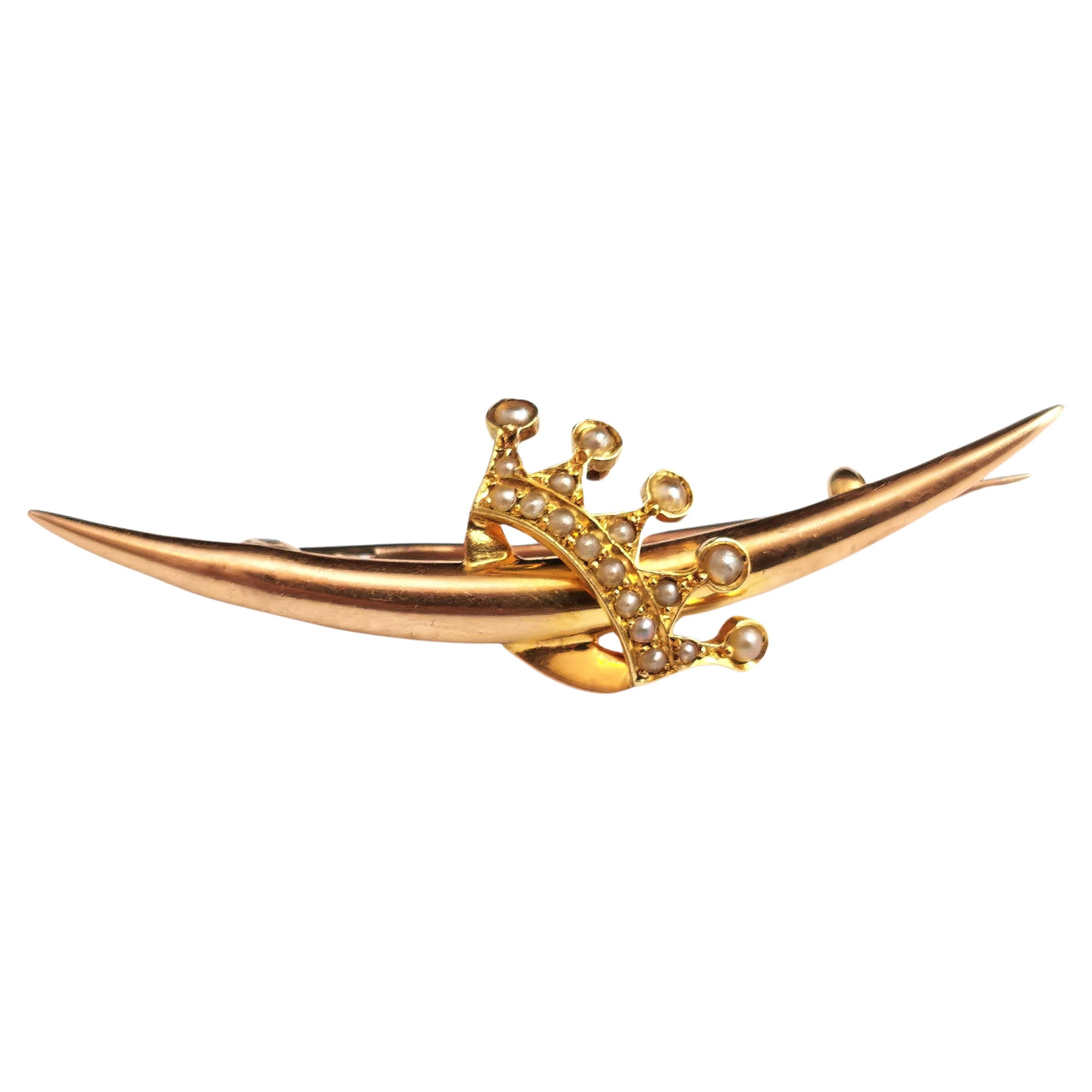 Antique Crescent and Crown Brooch, 15k Gold, Pearl, Victorian For Sale