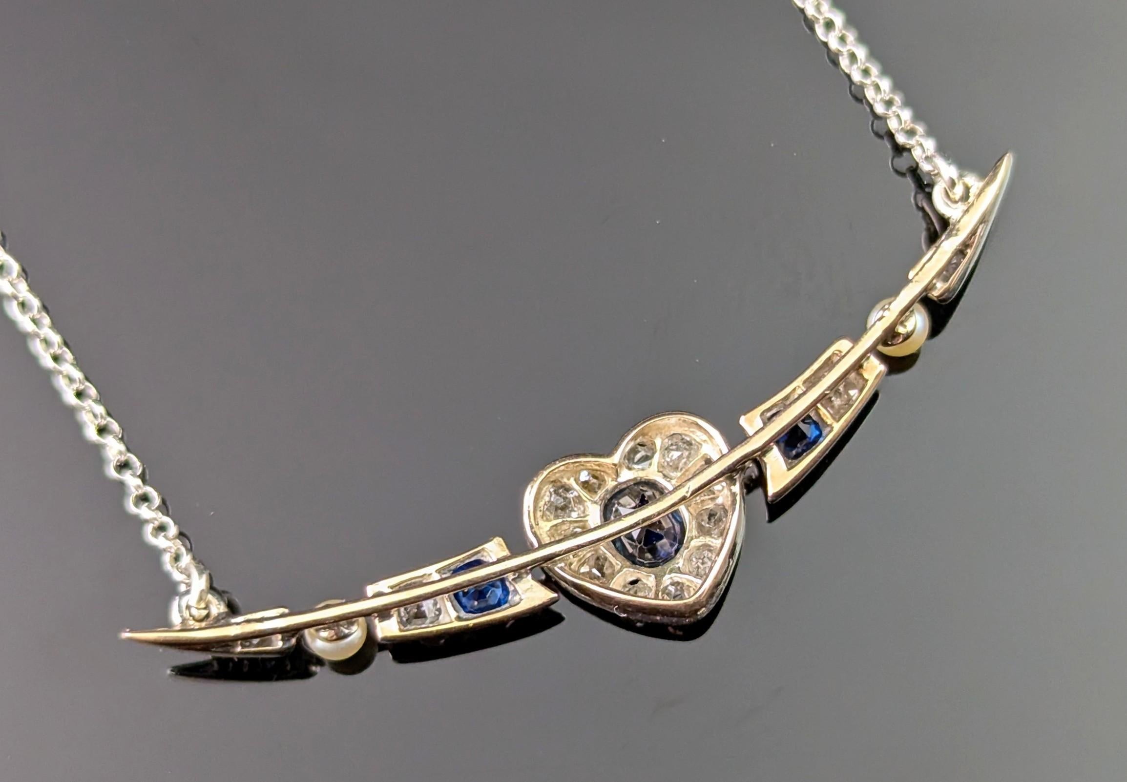 Antique Crescent and Heart pendant necklace, Sapphire, Diamond and Pearl For Sale 4