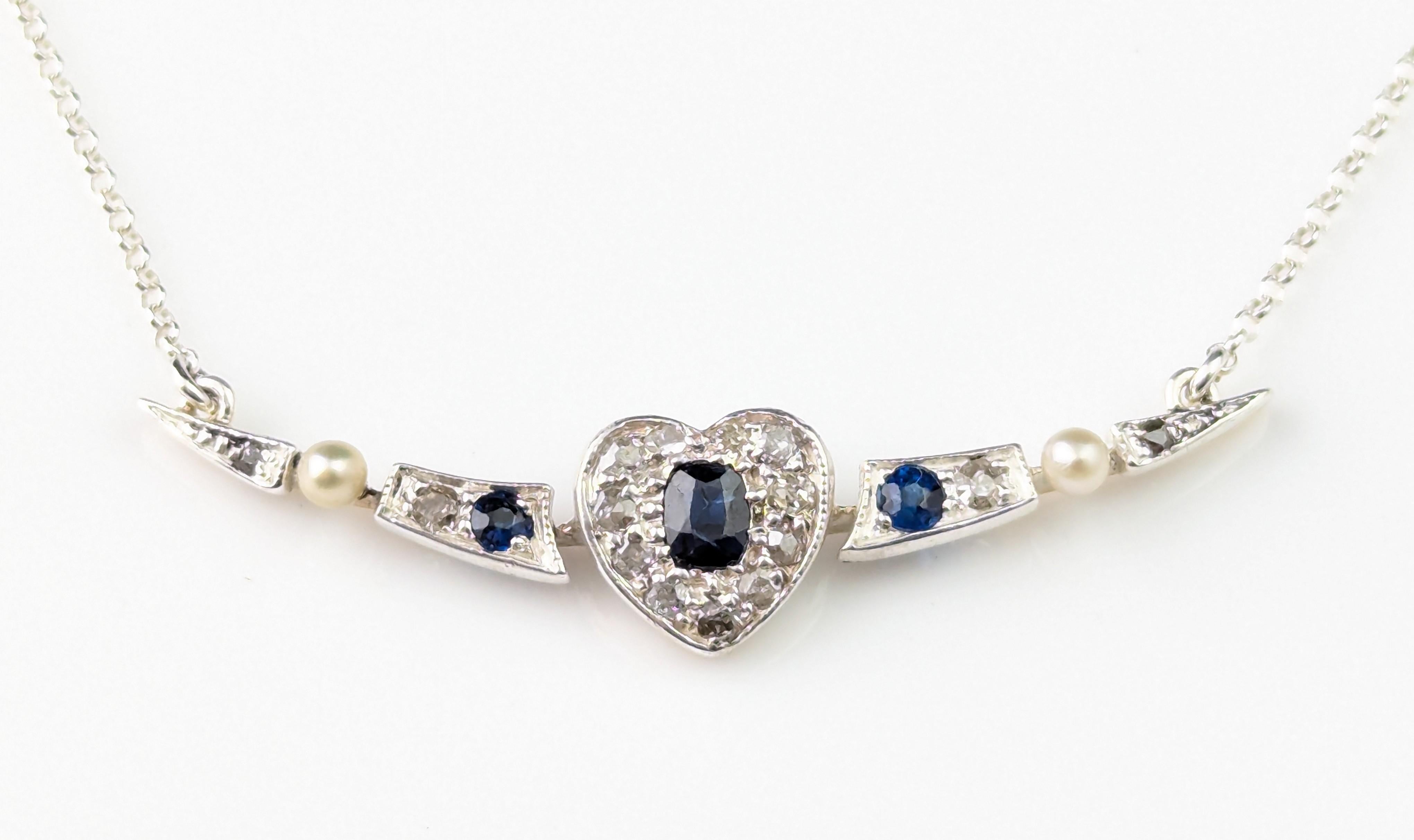 Antique Crescent and Heart pendant necklace, Sapphire, Diamond and Pearl For Sale 5