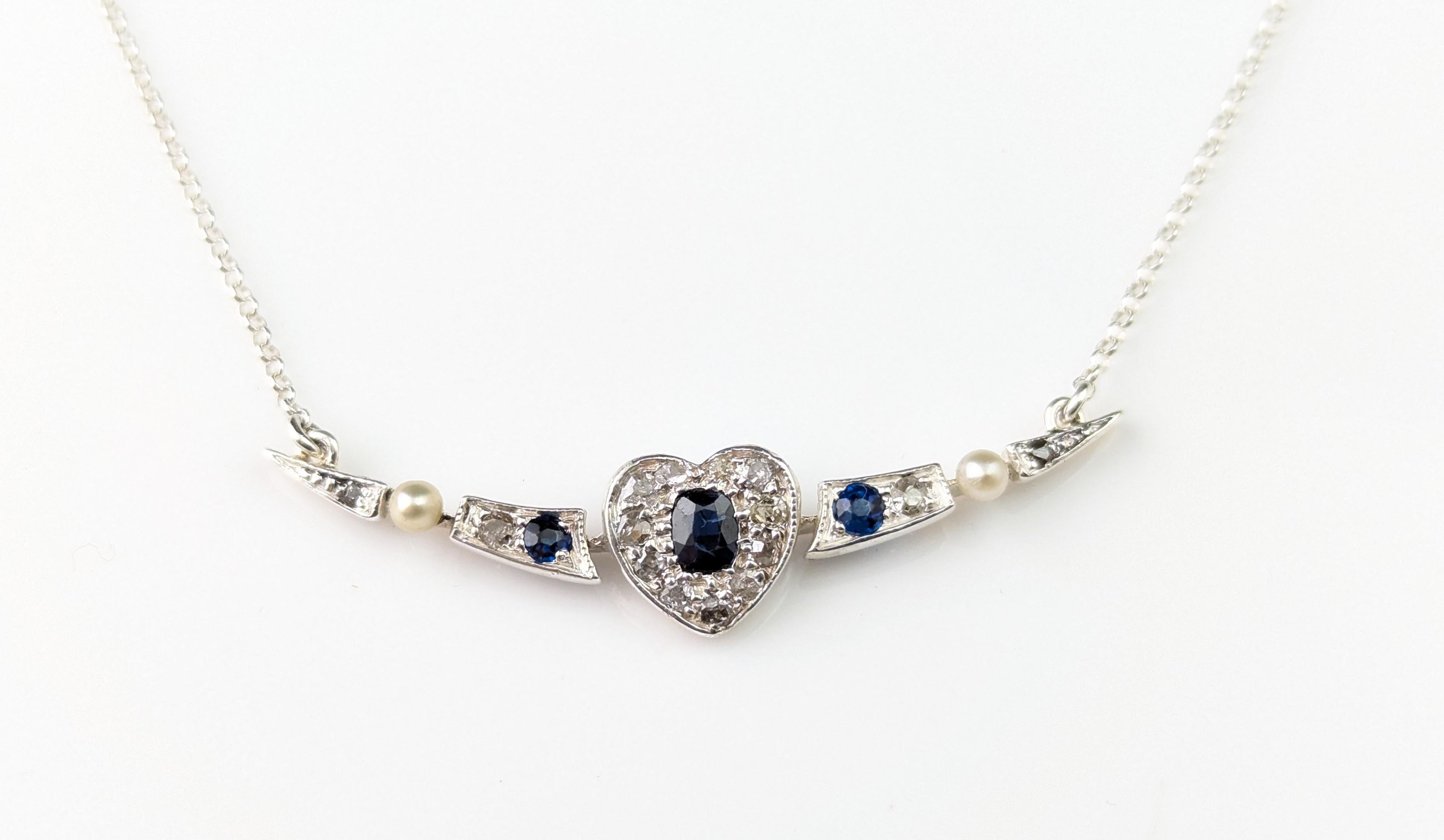 Antique Crescent and Heart pendant necklace, Sapphire, Diamond and Pearl For Sale 7