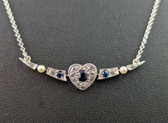 Antique Crescent and Heart pendant necklace, Sapphire, Diamond and Pearl