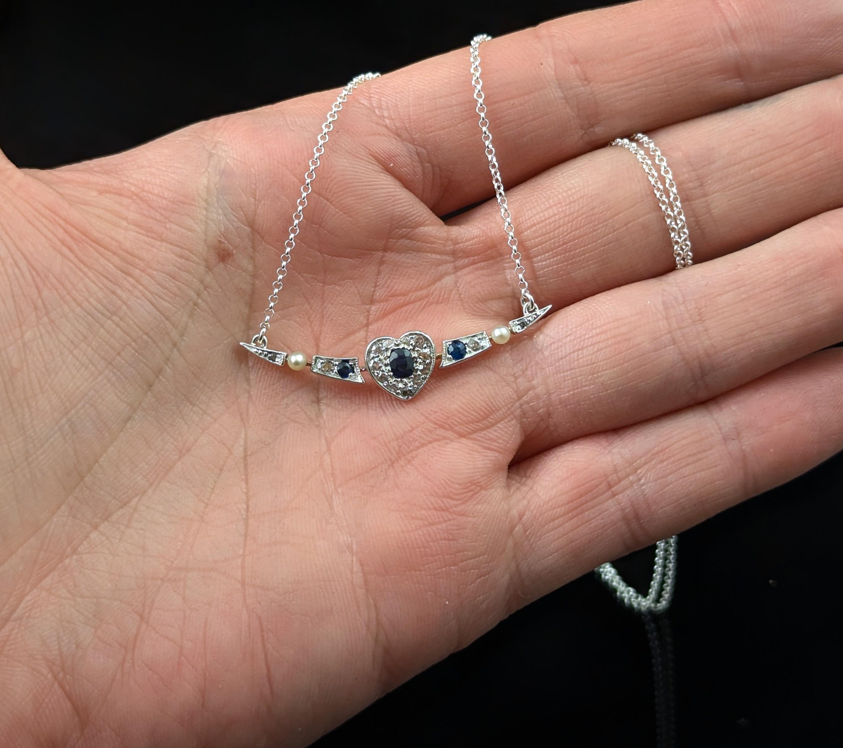 Victorian Antique Crescent and Heart pendant necklace, Sapphire, Diamond and Pearl For Sale