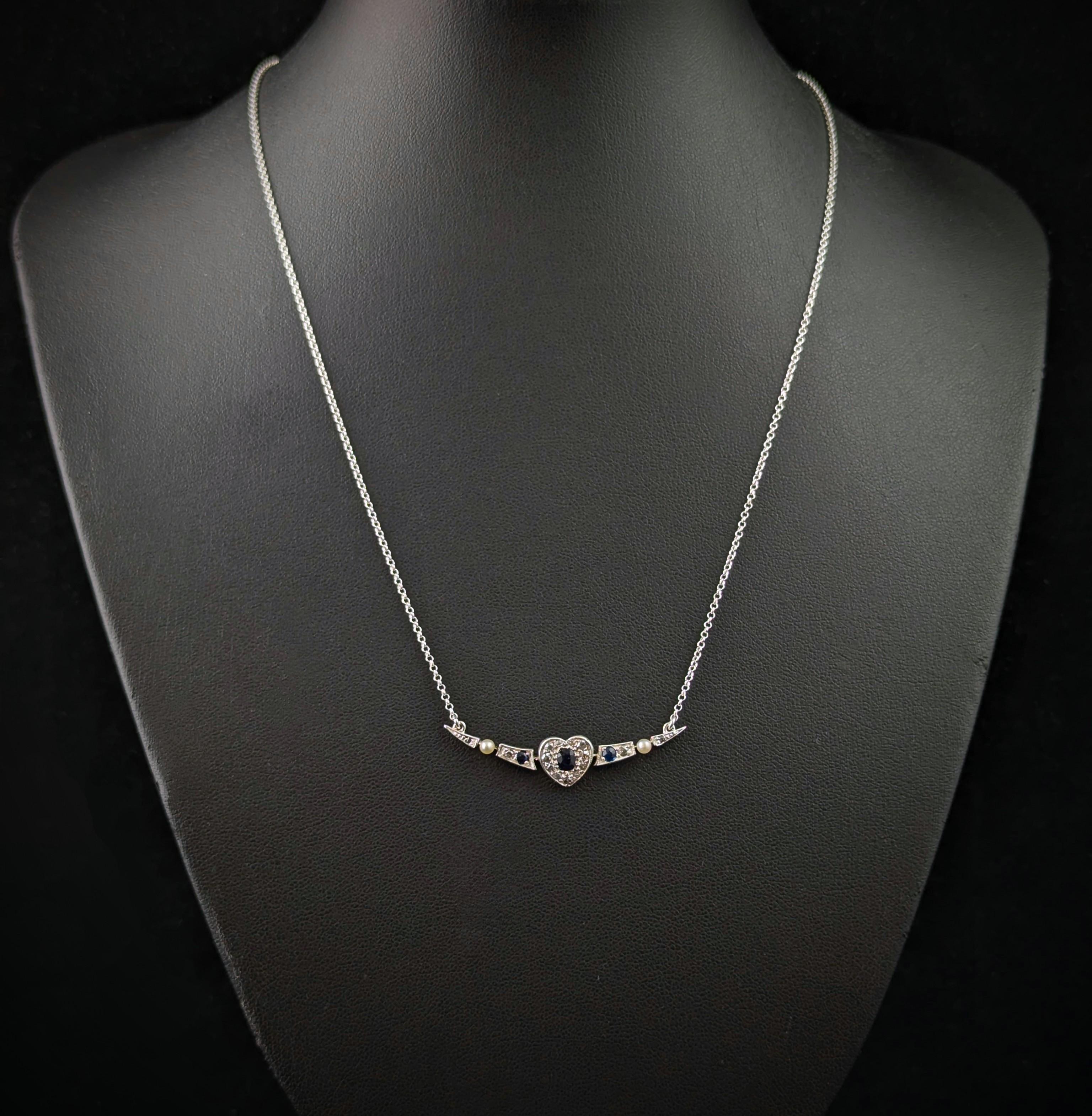 Cushion Cut Antique Crescent and Heart pendant necklace, Sapphire, Diamond and Pearl For Sale