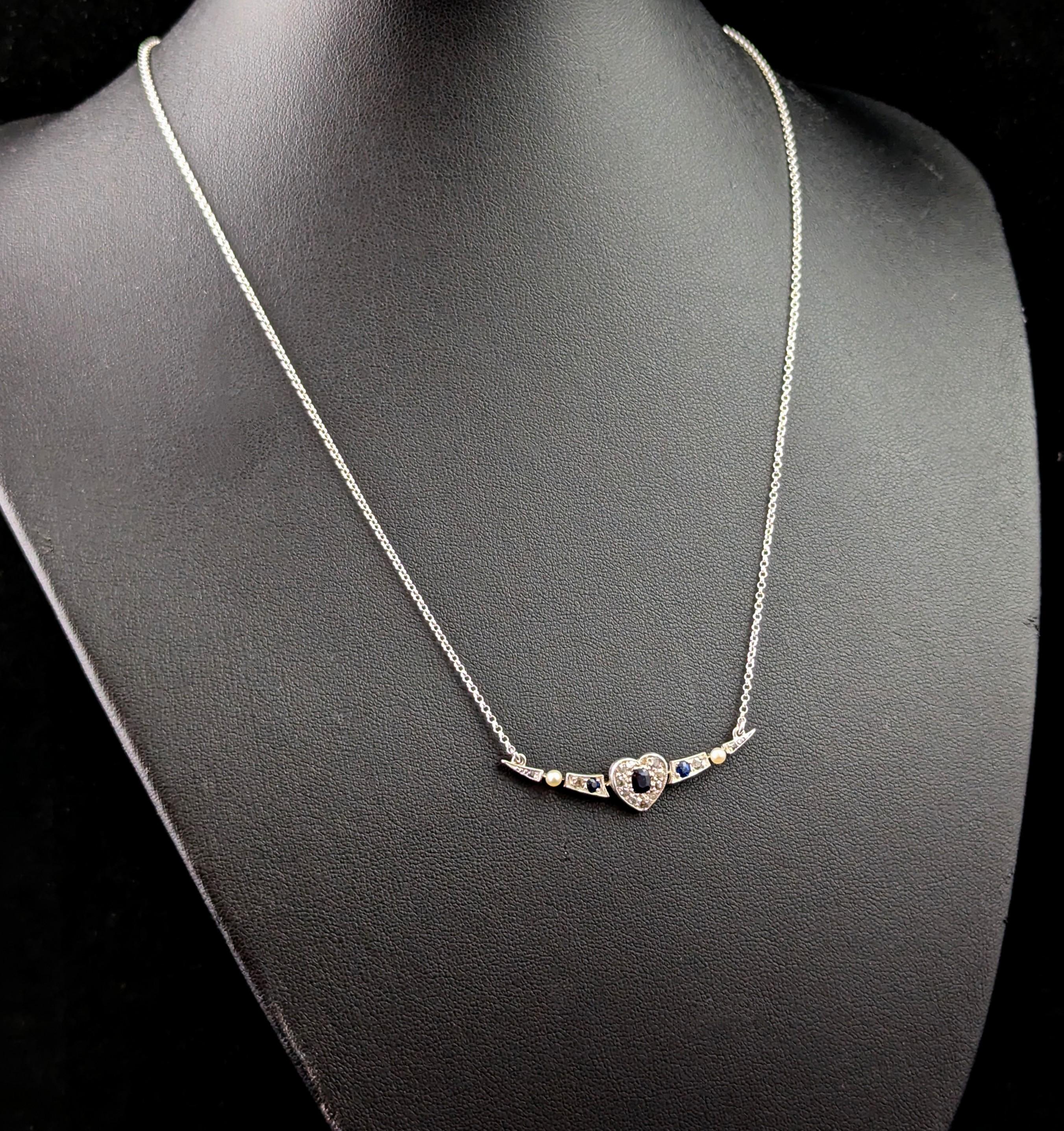Antique Crescent and Heart pendant necklace, Sapphire, Diamond and Pearl In Good Condition For Sale In NEWARK, GB