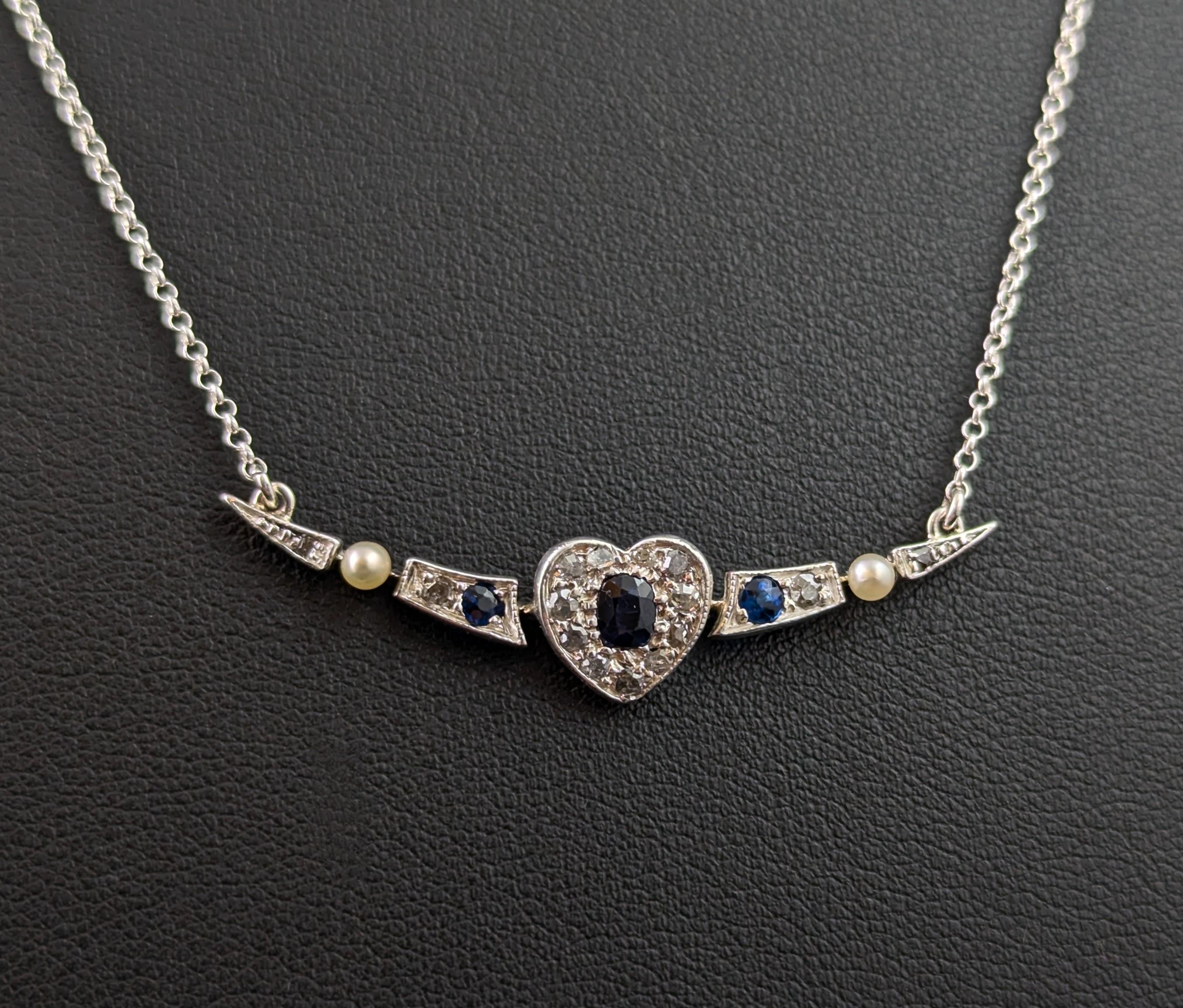 Women's Antique Crescent and Heart pendant necklace, Sapphire, Diamond and Pearl For Sale