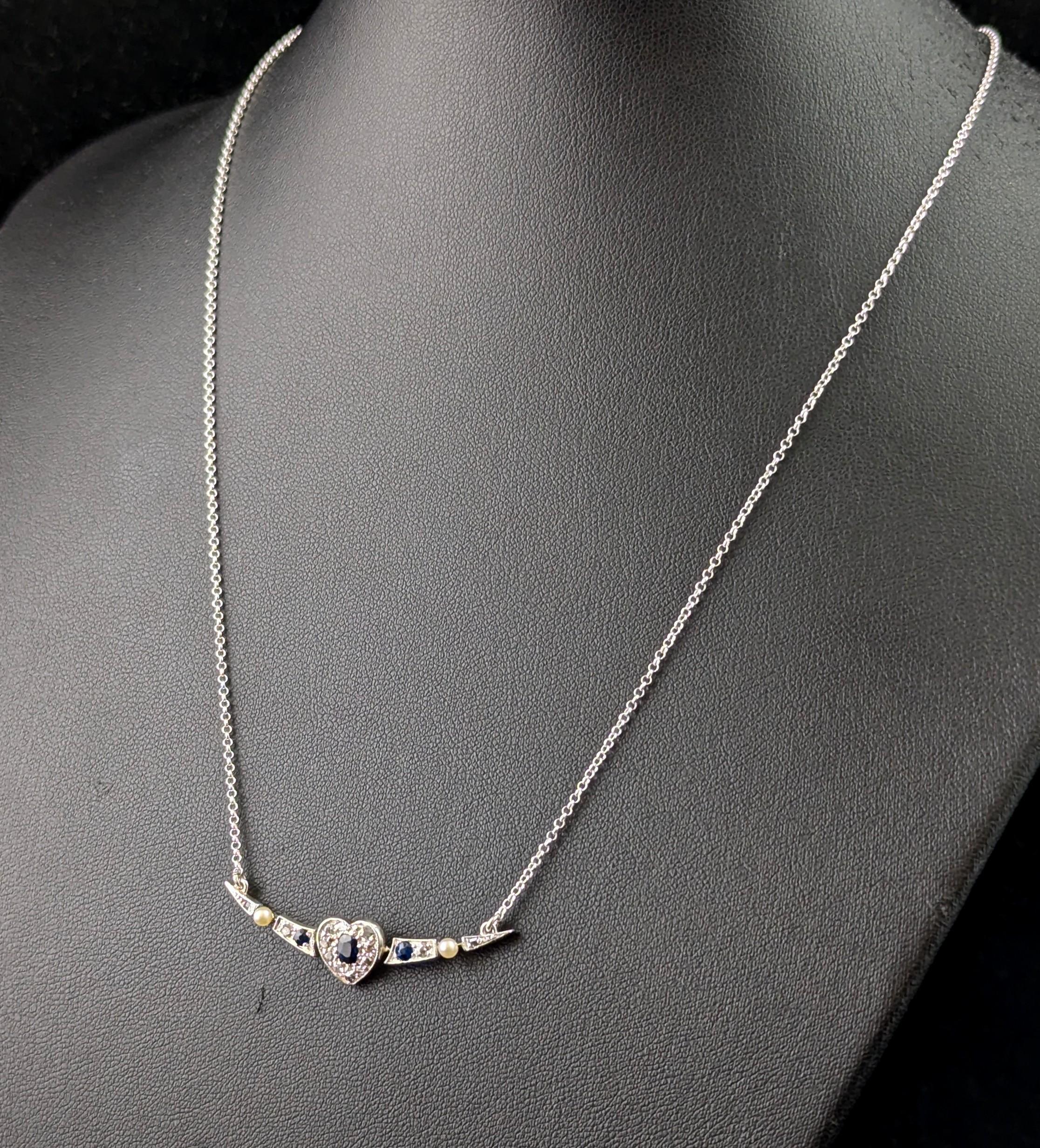 Antique Crescent and Heart pendant necklace, Sapphire, Diamond and Pearl For Sale 1