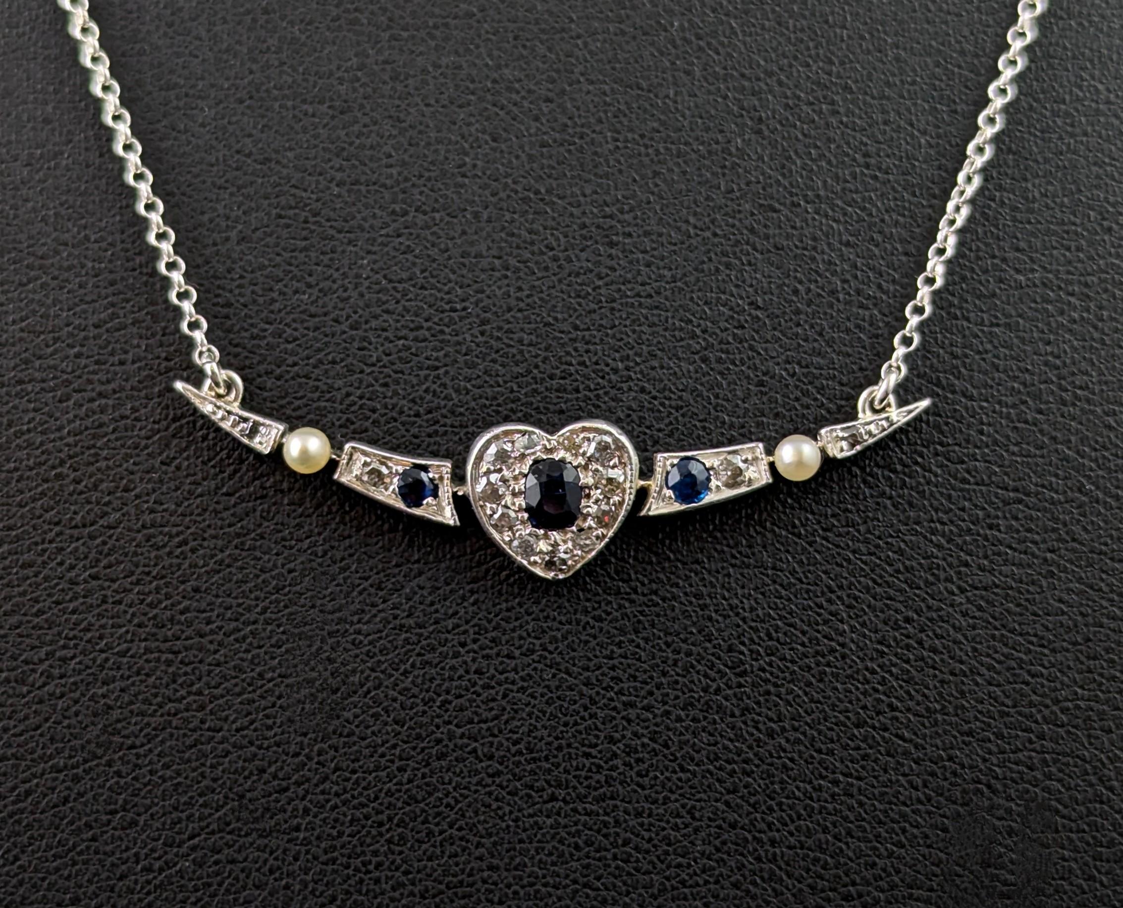 Antique Crescent and Heart pendant necklace, Sapphire, Diamond and Pearl For Sale 2