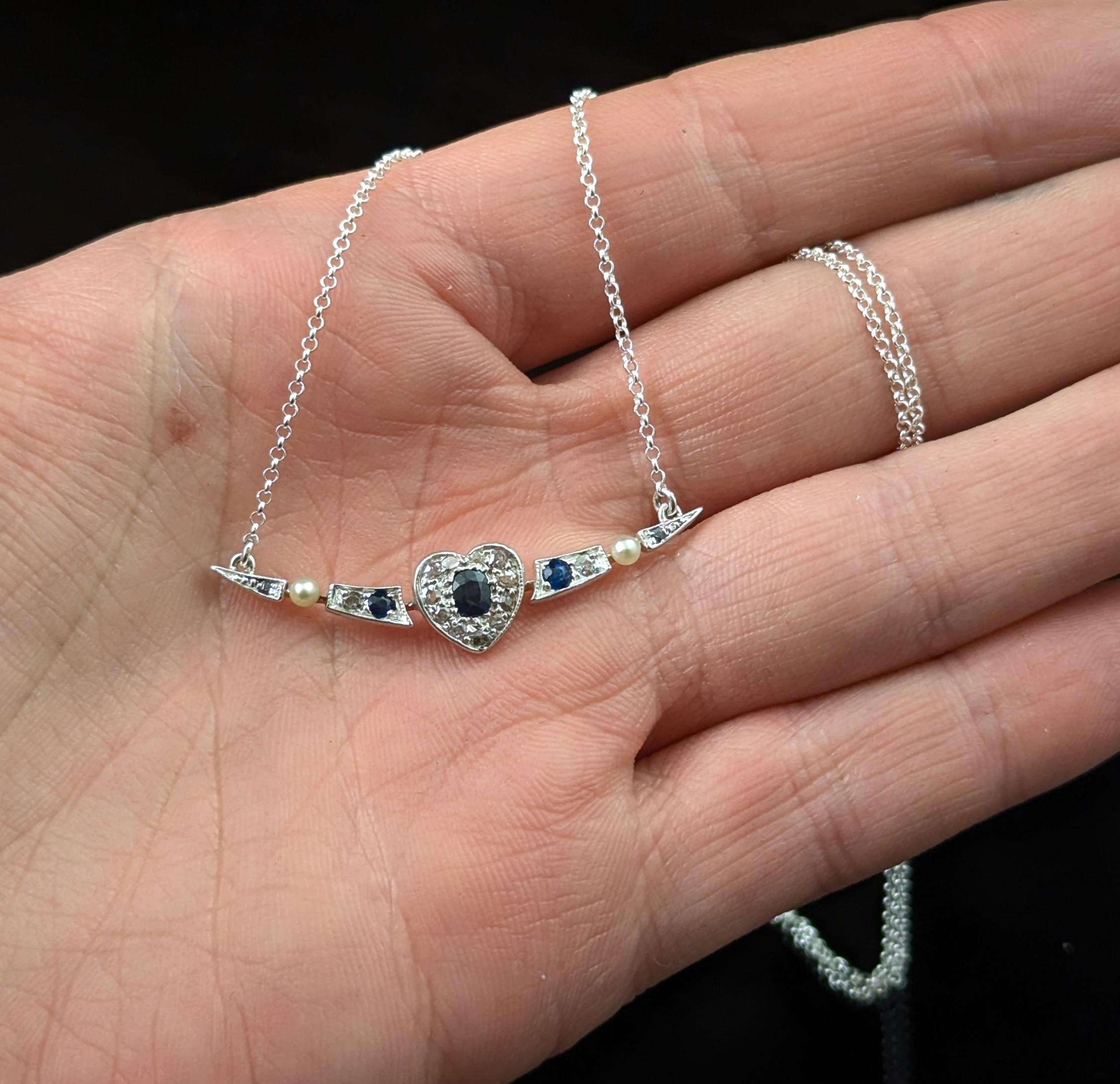 Antique Crescent and Heart pendant necklace, Sapphire, Diamond and Pearl For Sale 3