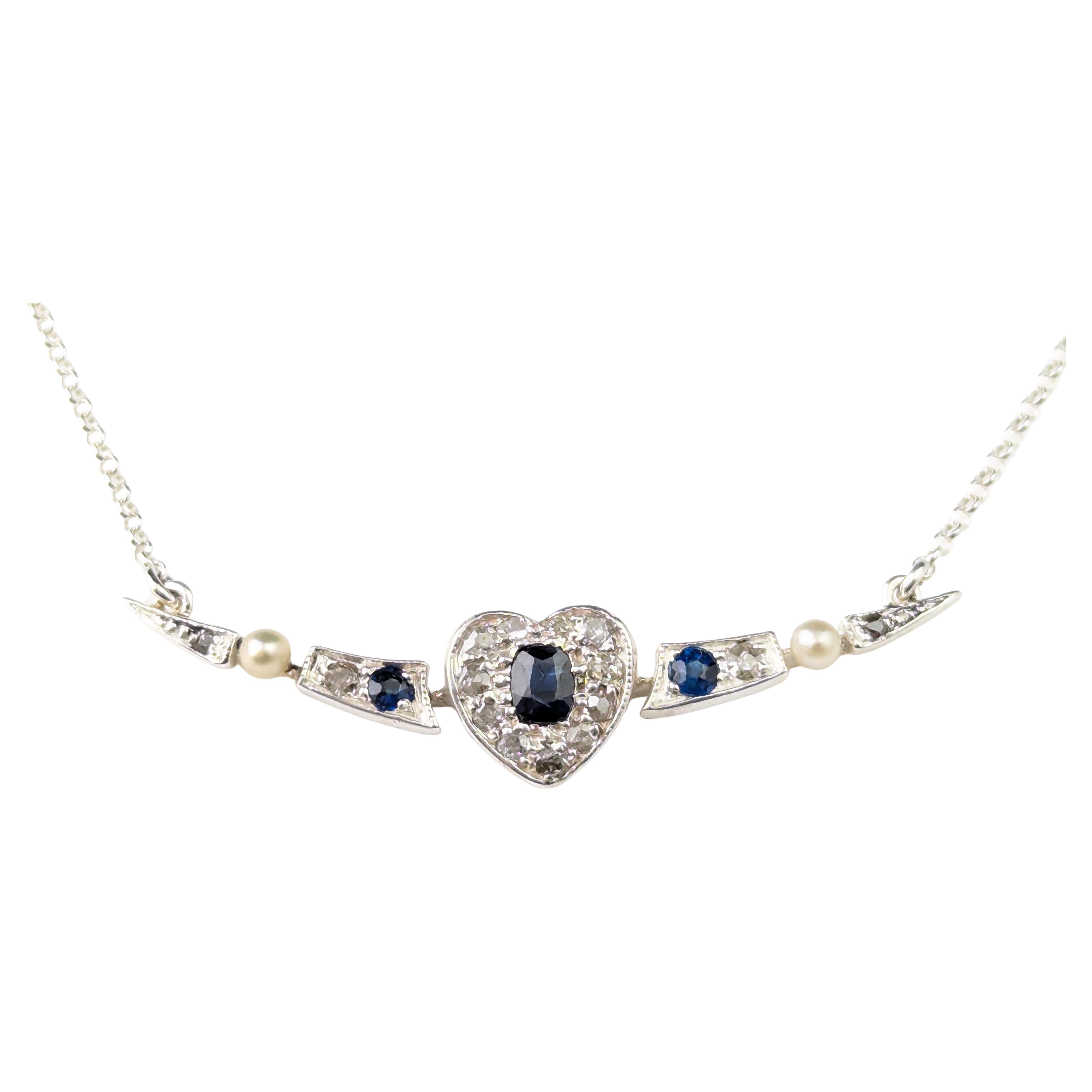 Antique Crescent and Heart pendant necklace, Sapphire, Diamond and Pearl