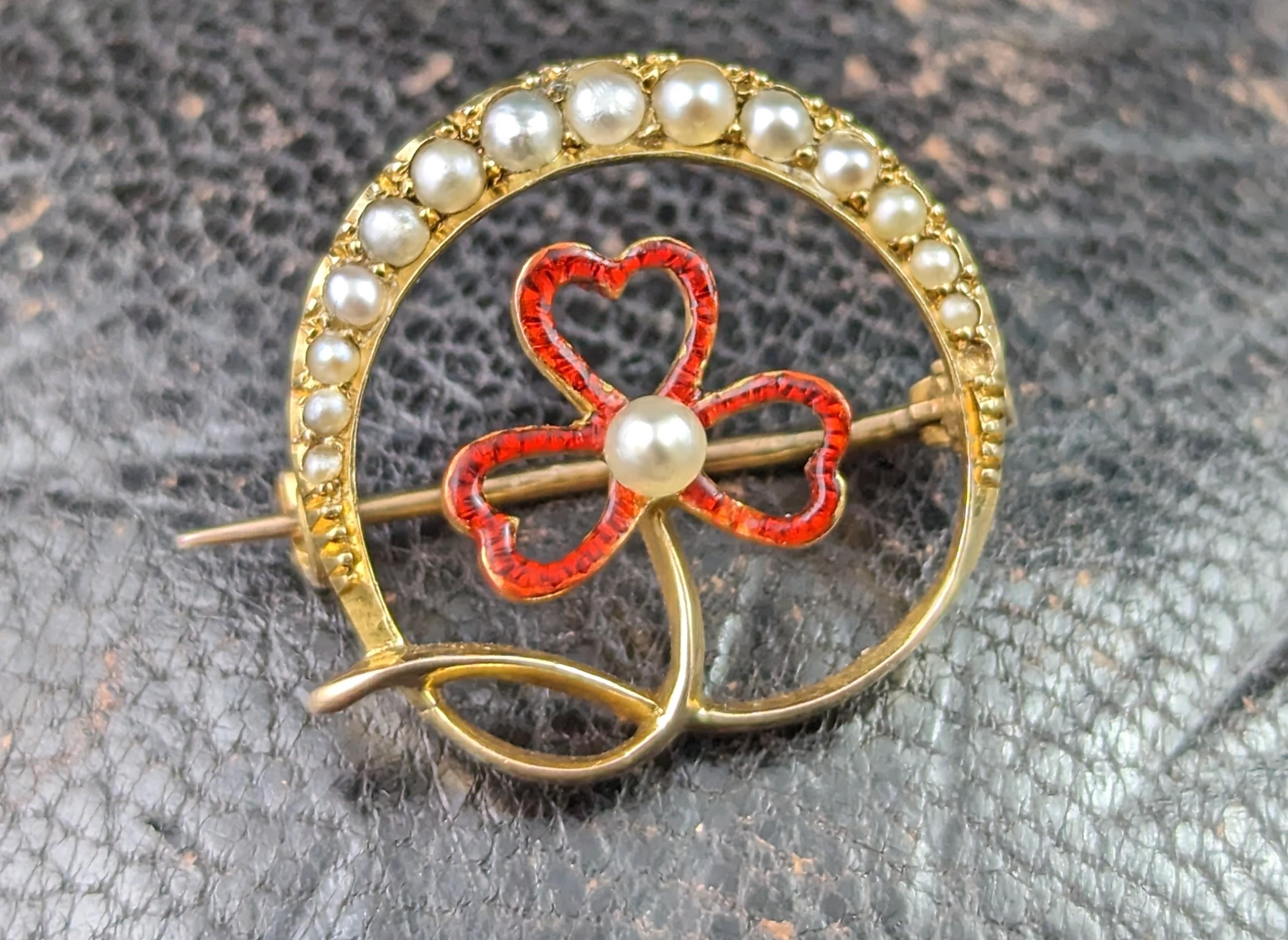 Antique Crescent and Shamrock Brooch, Pearl and Red Enamel, 15k Gold For Sale 4