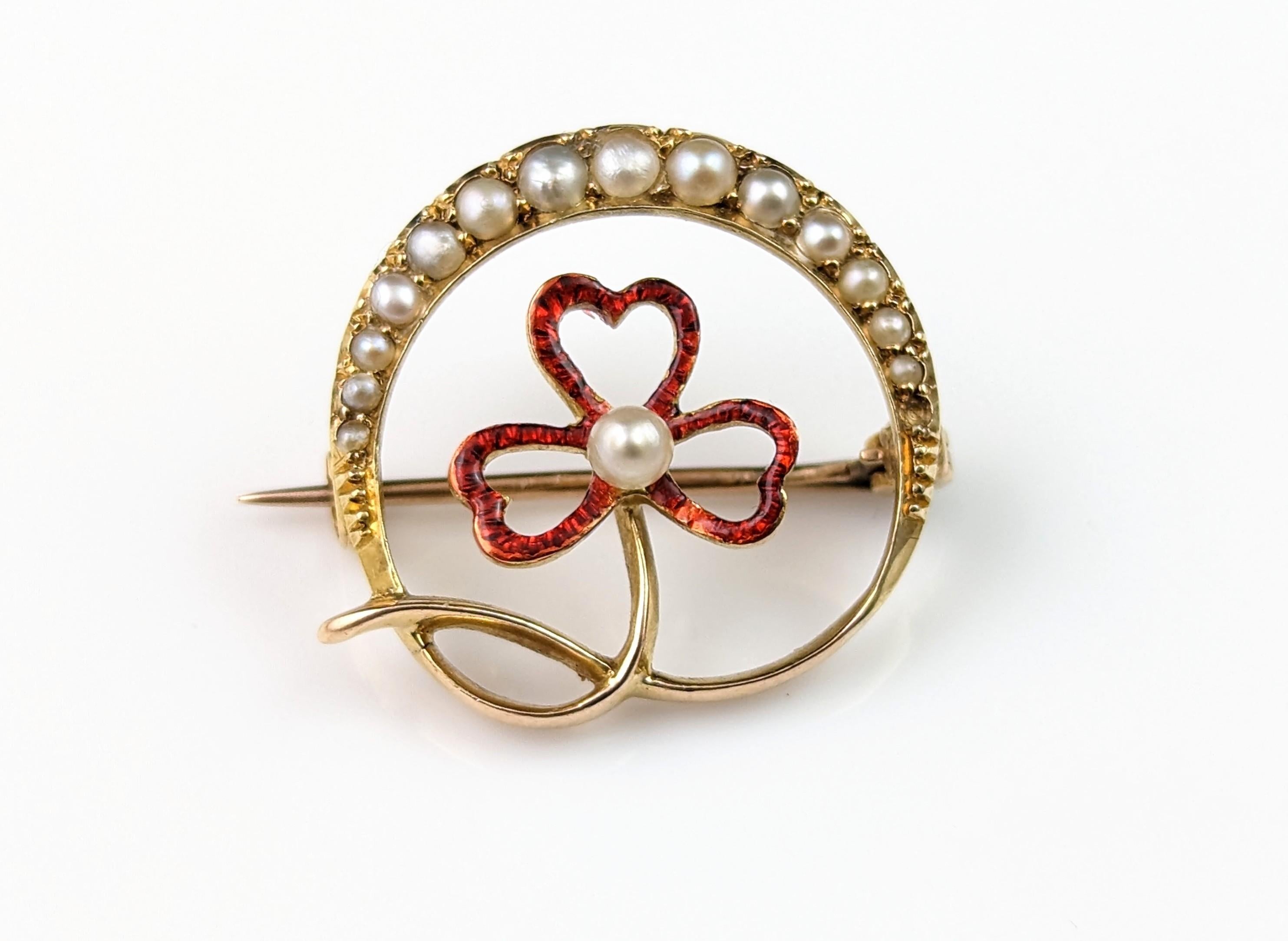 Antique Crescent and Shamrock Brooch, Pearl and Red Enamel, 15k Gold For Sale 5