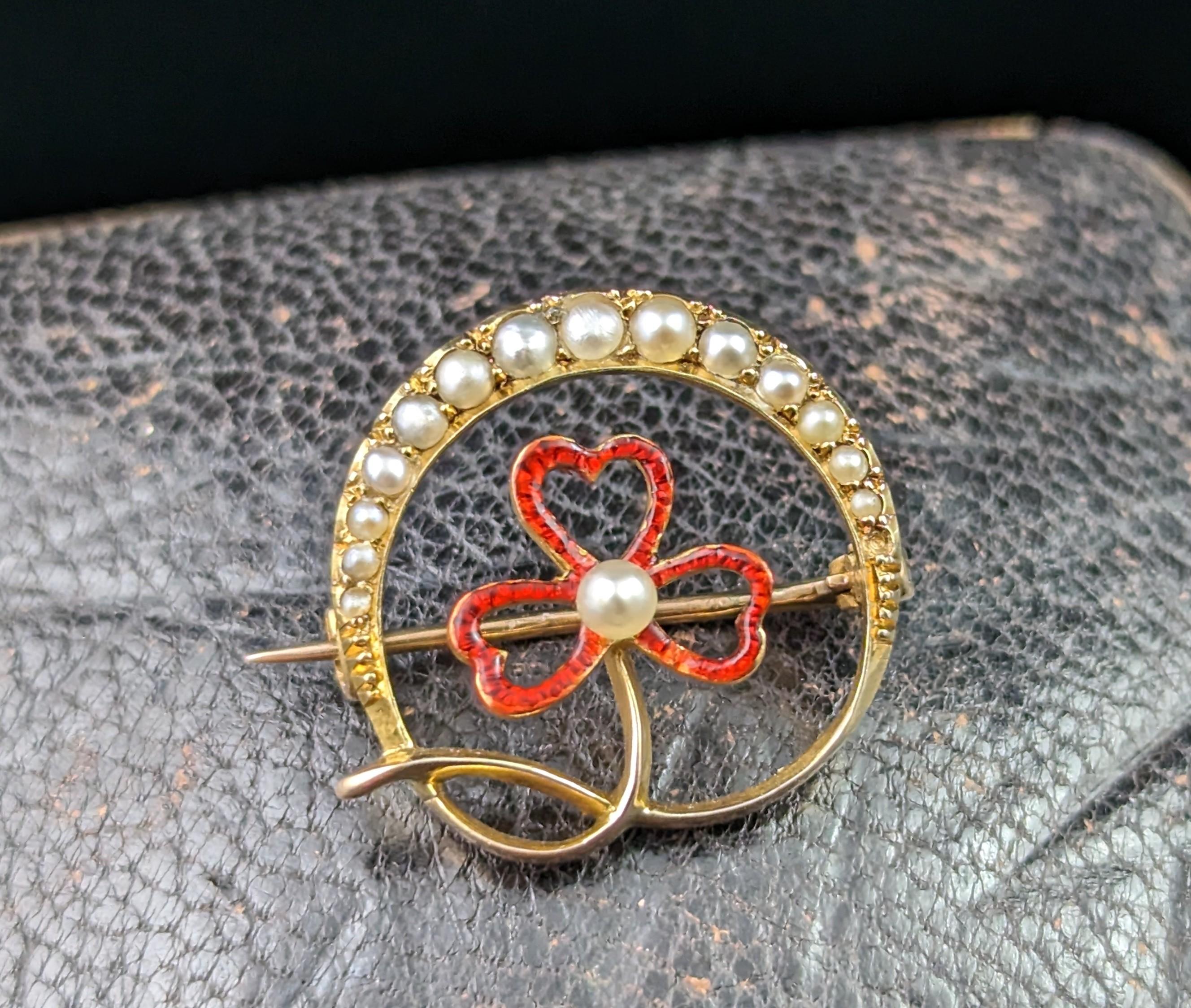 Antique Crescent and Shamrock Brooch, Pearl and Red Enamel, 15k Gold For Sale 7