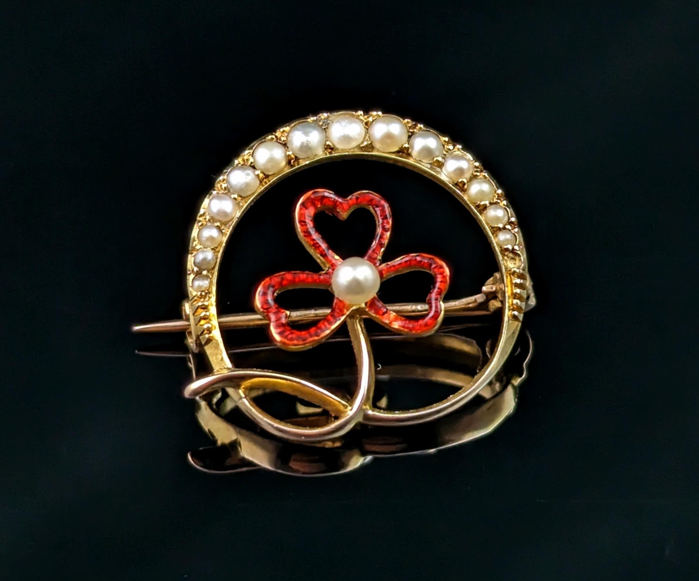 Art Nouveau Antique Crescent and Shamrock Brooch, Pearl and Red Enamel, 15k Gold For Sale