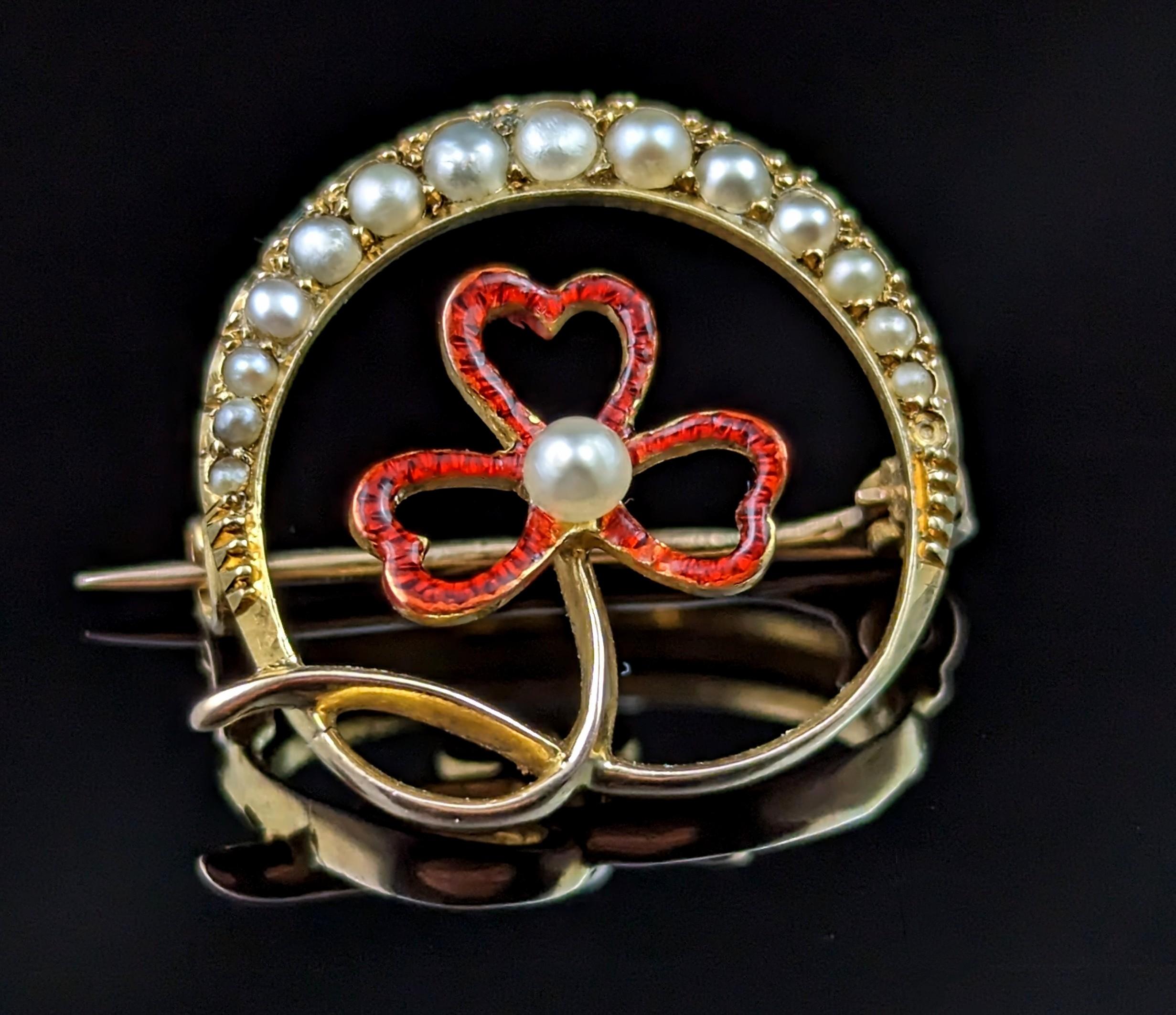 Cabochon Antique Crescent and Shamrock Brooch, Pearl and Red Enamel, 15k Gold For Sale