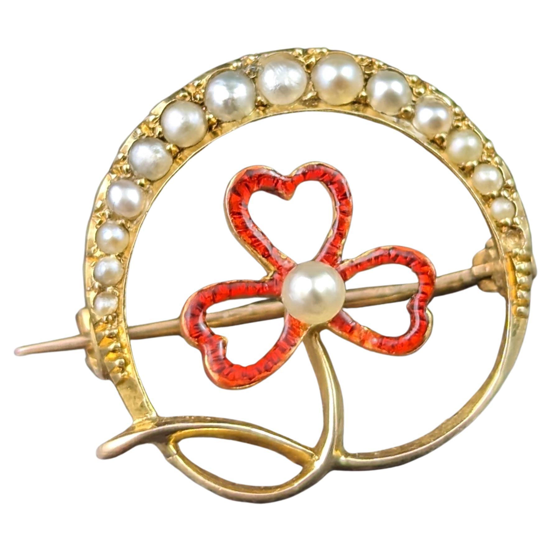 Antique Crescent and Shamrock Brooch, Pearl and Red Enamel, 15k Gold For Sale