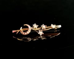 Antique Crescent and Star Brooch, 9 Karat Yellow Gold, Seed Pearl