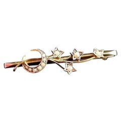 Antique Crescent and Star Brooch, 9 Karat Yellow Gold, Seed Pearl