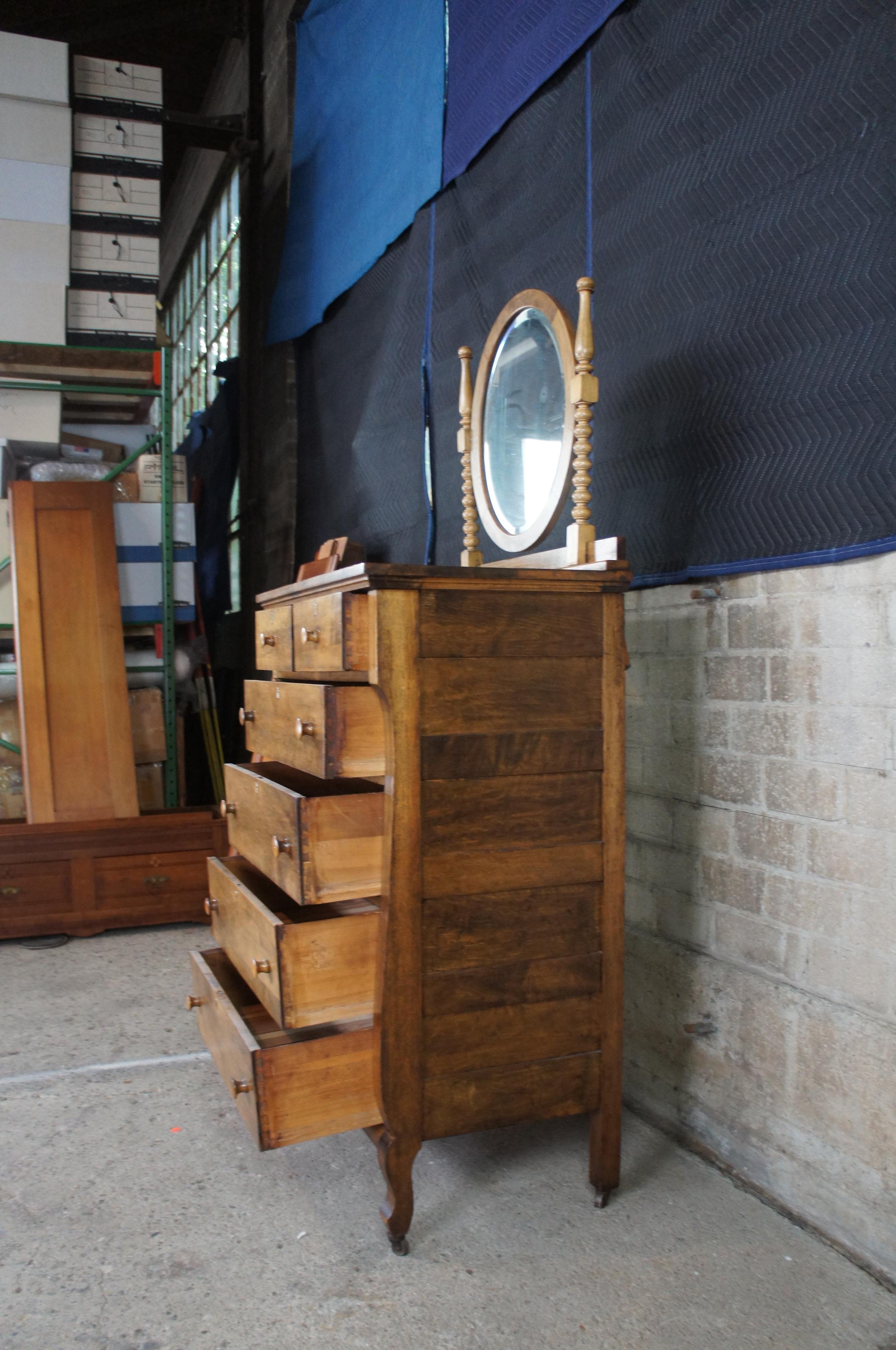 Victorian Antique Crescent Furniture Mirrored Oak Tallboy Vanity Dresser Chest of Drawers