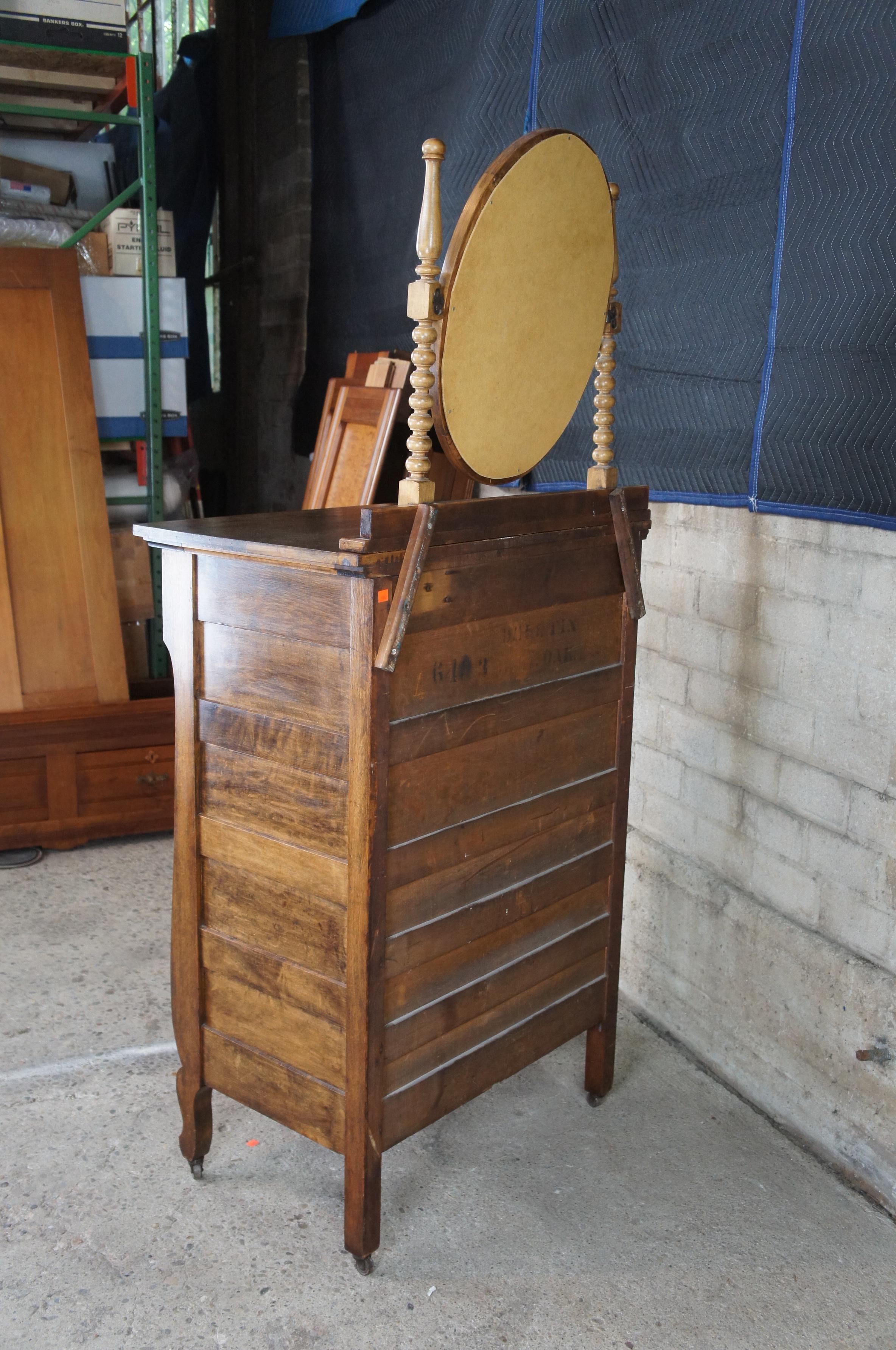 Antique Crescent Furniture Mirrored Oak Tallboy Vanity Dresser Chest of Drawers 1