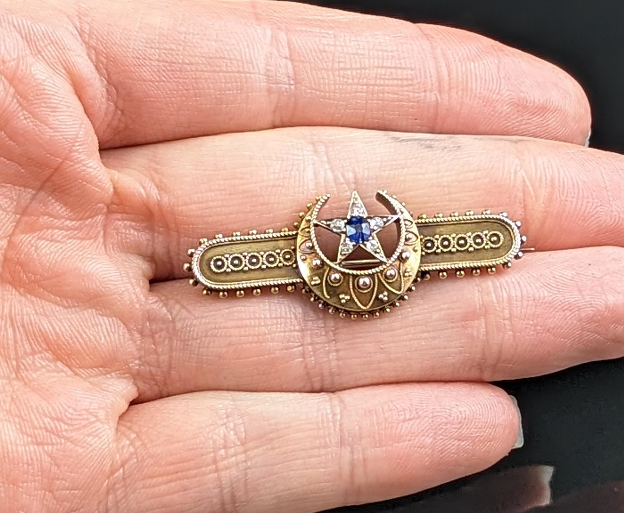 Antique Crescent moon and Star brooch, Sapphire and Diamond, 15k gold, Boxed  For Sale 4