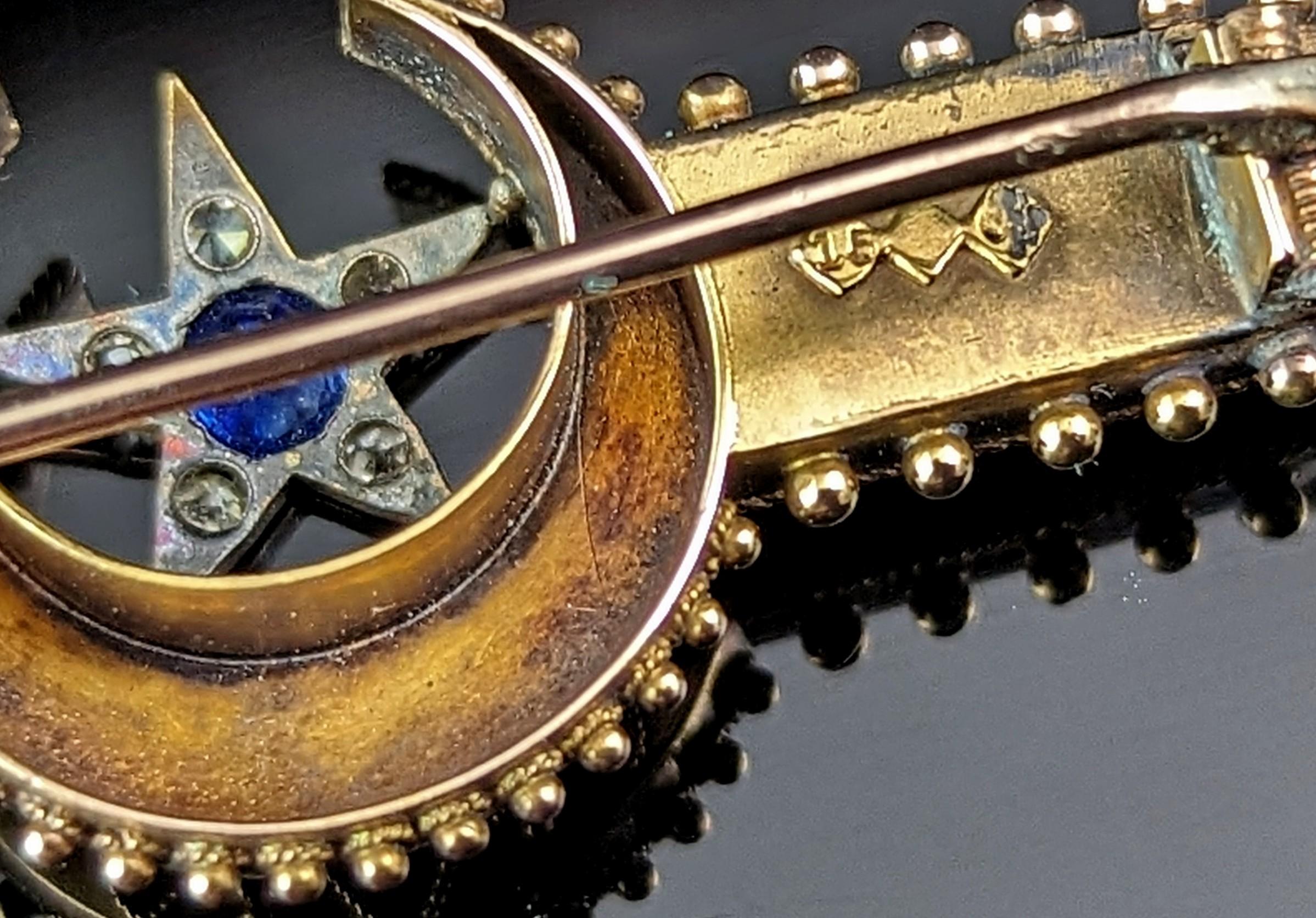 Antique Crescent moon and Star brooch, Sapphire and Diamond, 15k gold, Boxed  For Sale 5