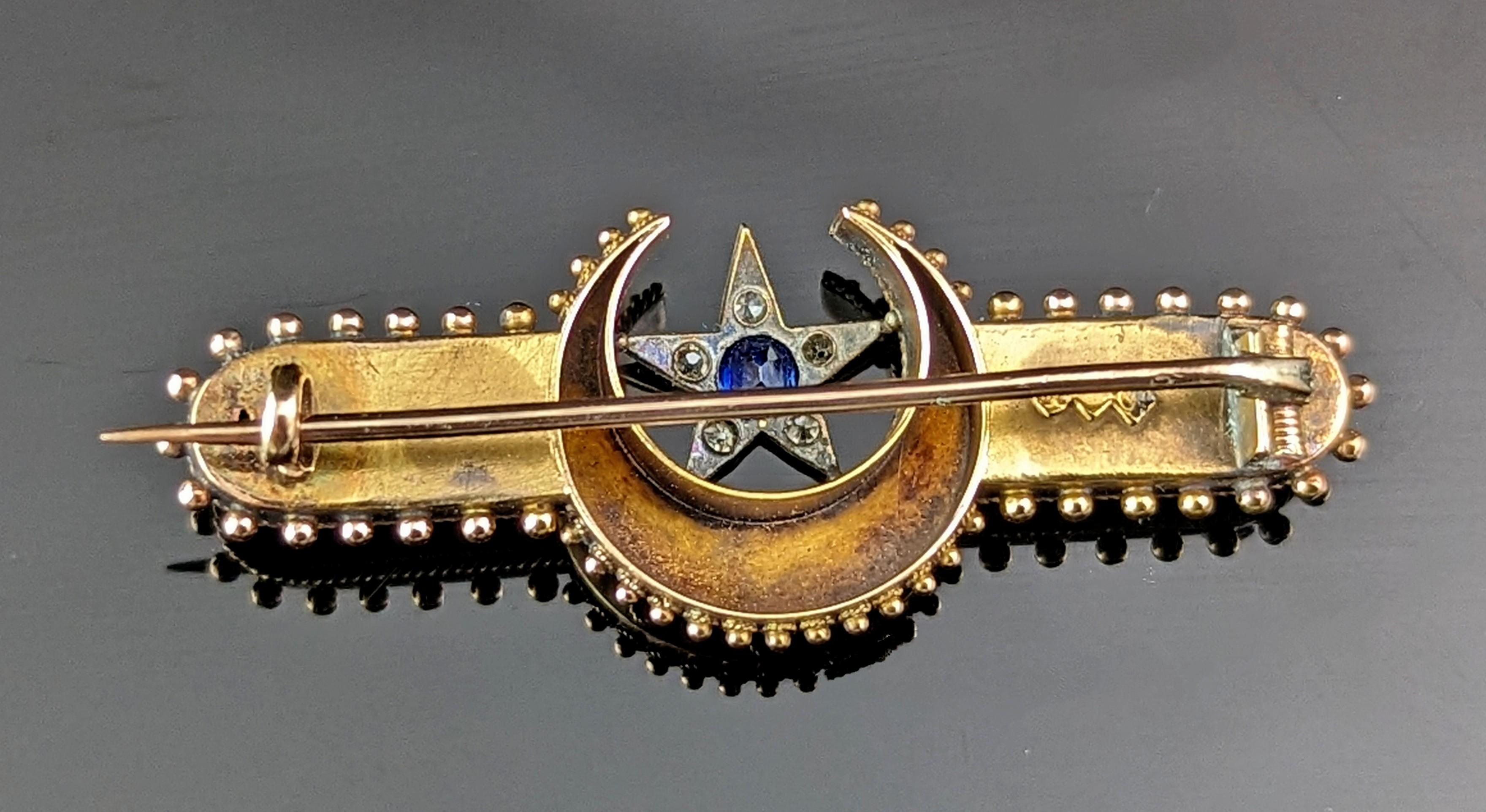 Antique Crescent moon and Star brooch, Sapphire and Diamond, 15k gold, Boxed  For Sale 6