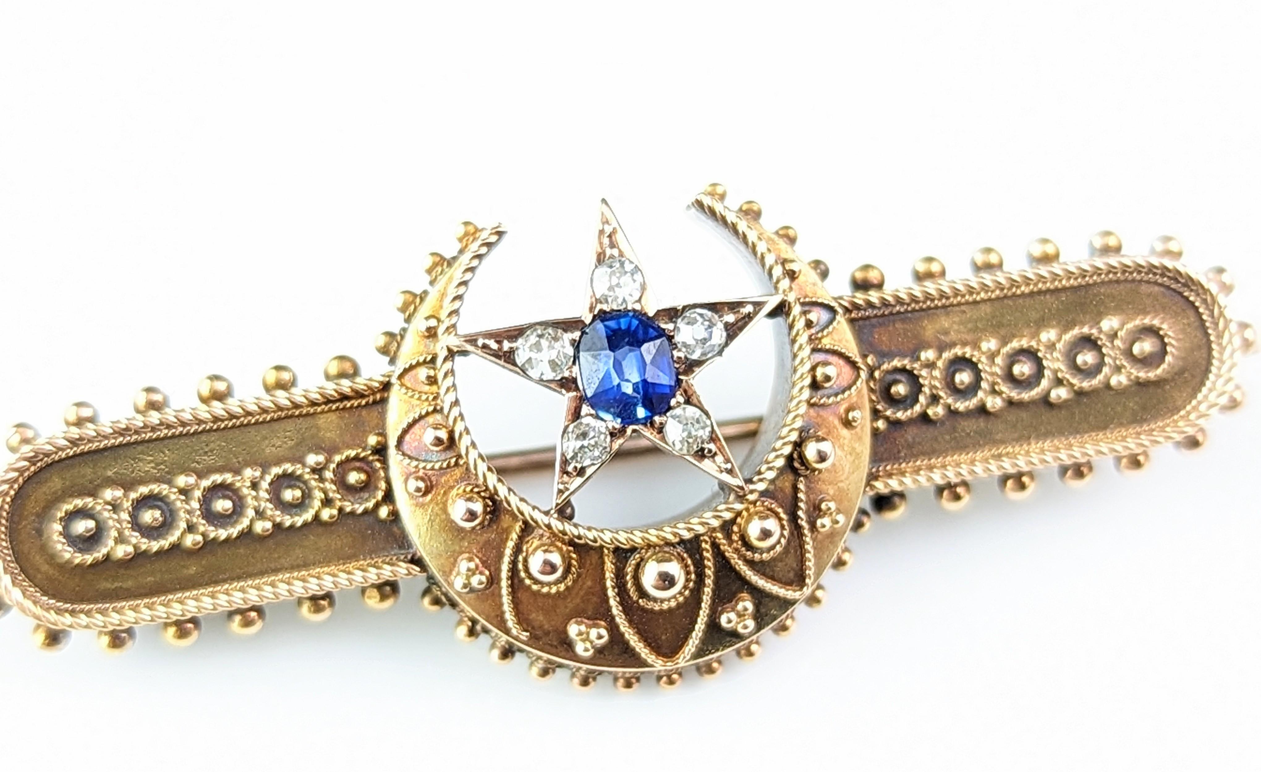 Antique Crescent moon and Star brooch, Sapphire and Diamond, 15k gold, Boxed  For Sale 7