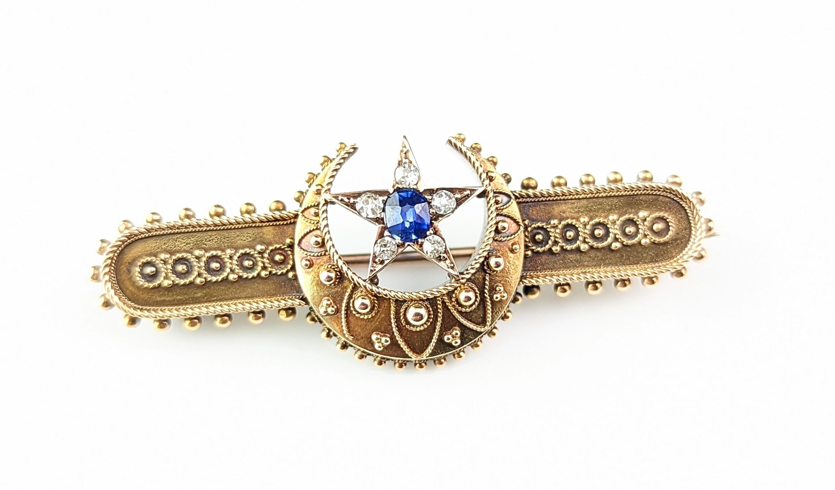 Antique Crescent moon and Star brooch, Sapphire and Diamond, 15k gold, Boxed  For Sale 9