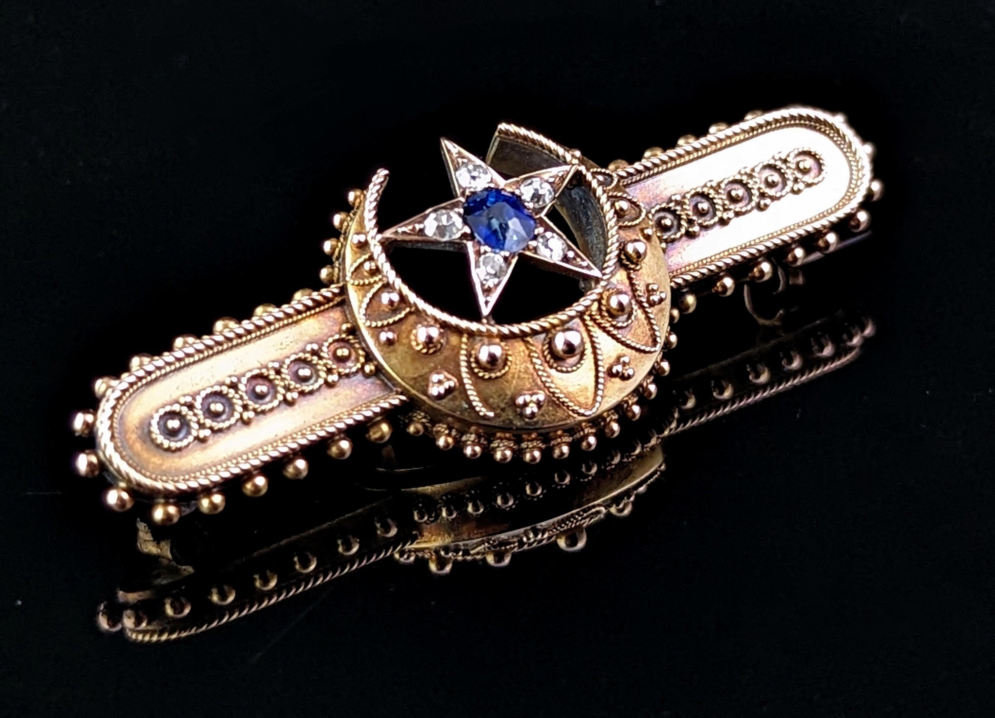 Victorian Antique Crescent moon and Star brooch, Sapphire and Diamond, 15k gold, Boxed  For Sale