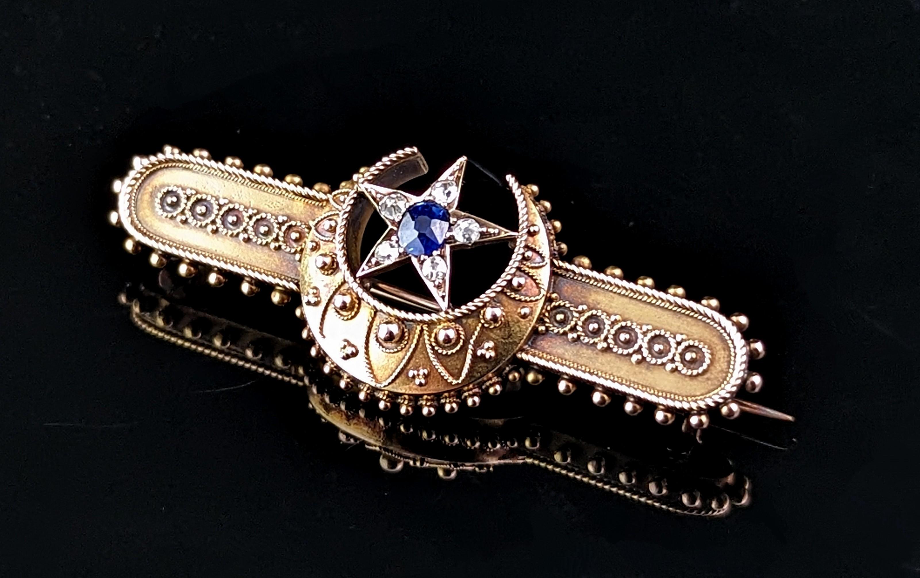 Old Mine Cut Antique Crescent moon and Star brooch, Sapphire and Diamond, 15k gold, Boxed  For Sale