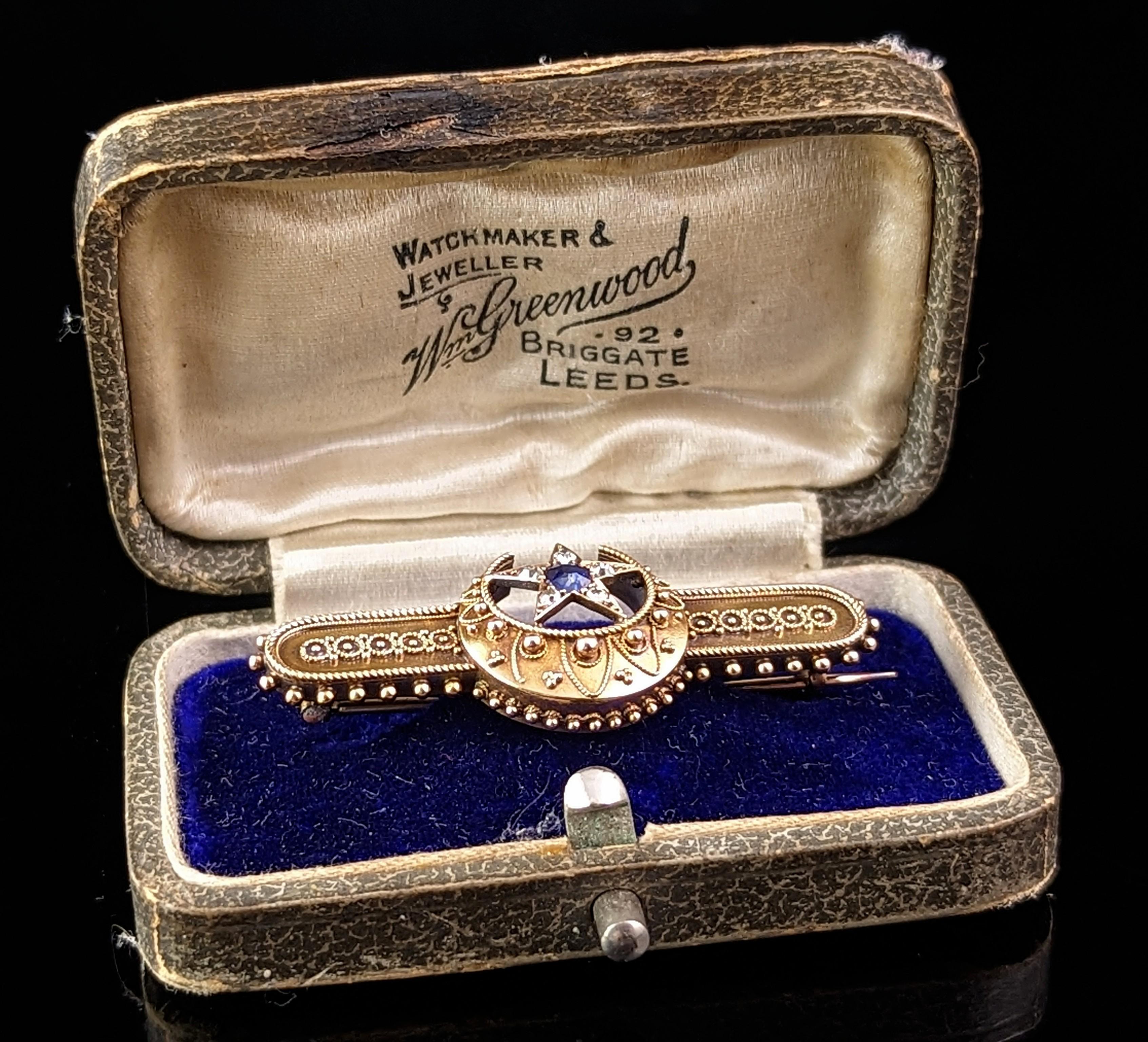 Antique Crescent moon and Star brooch, Sapphire and Diamond, 15k gold, Boxed  In Good Condition For Sale In NEWARK, GB