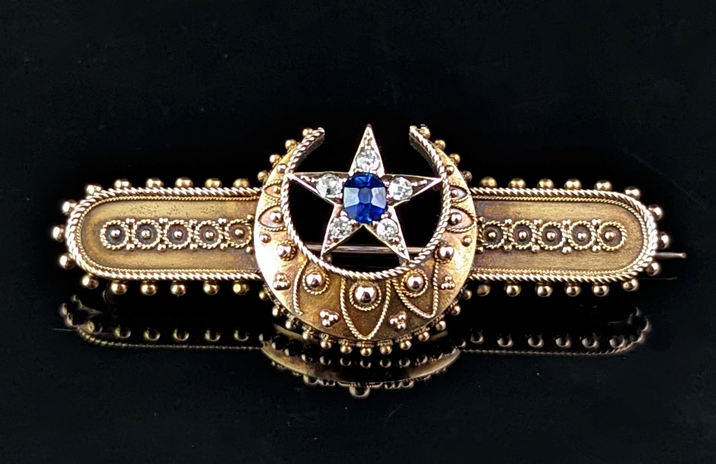Antique Crescent moon and Star brooch, Sapphire and Diamond, 15k gold, Boxed  For Sale 1