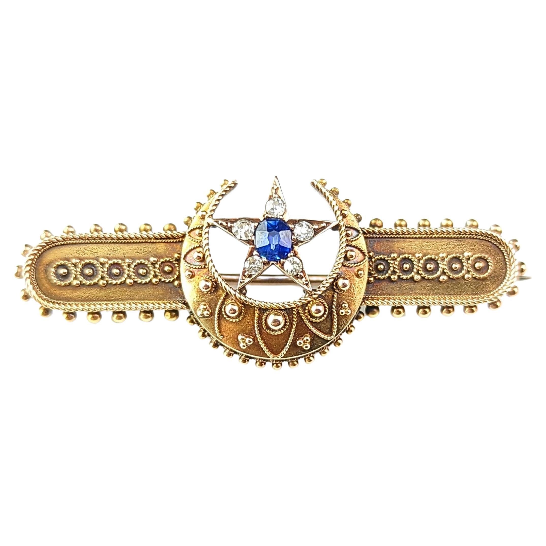 Antique Crescent moon and Star brooch, Sapphire and Diamond, 15k gold, Boxed  For Sale