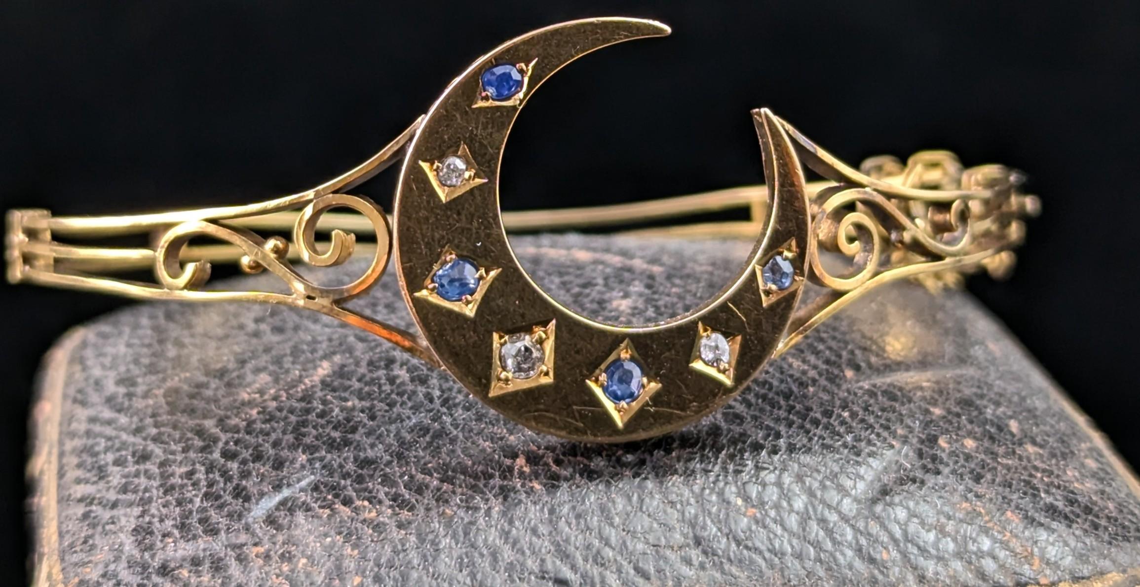 Antique Crescent moon bangle, Sapphire and Diamond, 9k gold For Sale 5