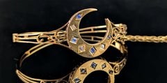 Antique Crescent moon bangle, Sapphire and Diamond, 9k gold