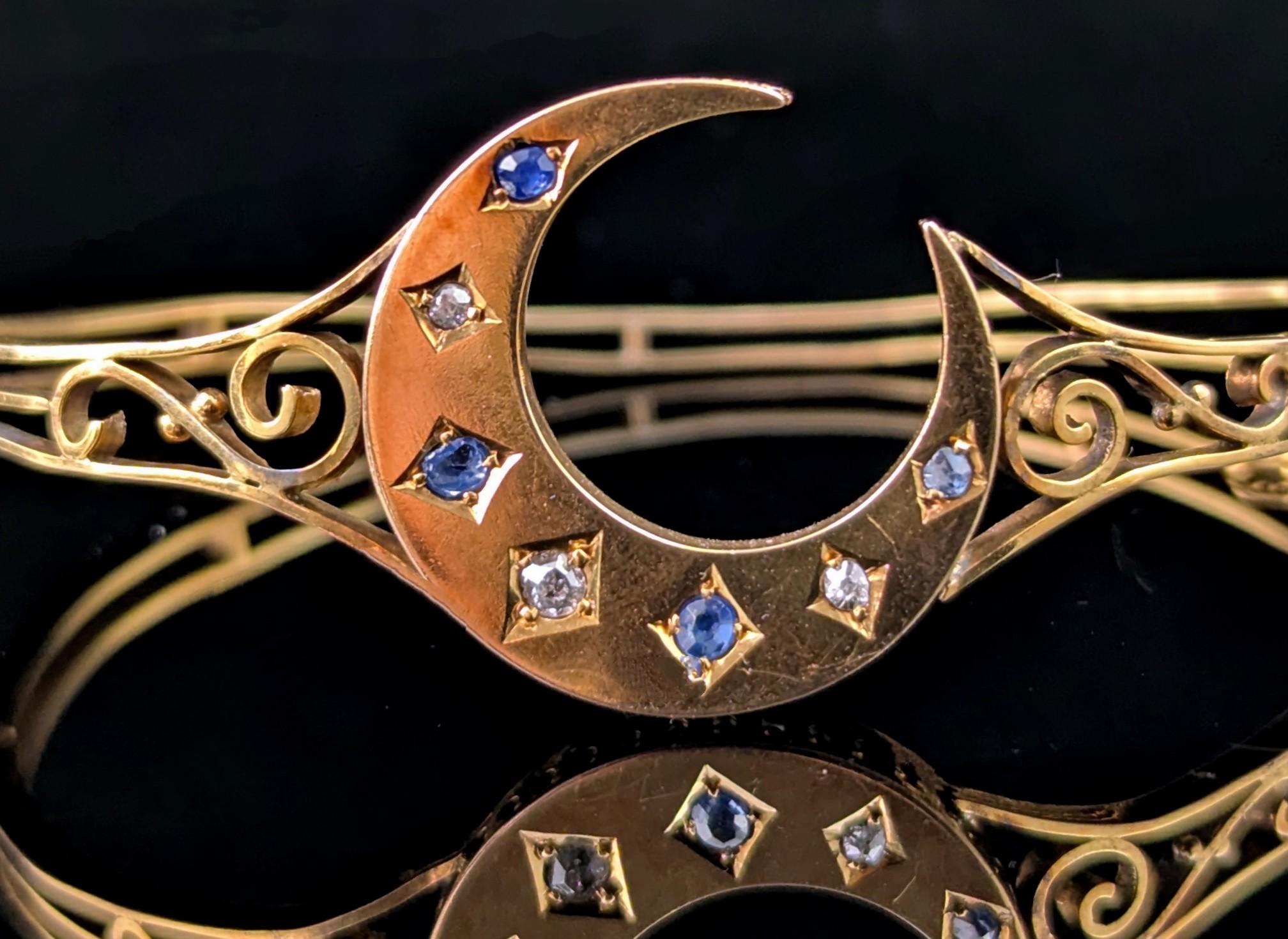 Victorian Antique Crescent moon bangle, Sapphire and Diamond, 9k gold For Sale