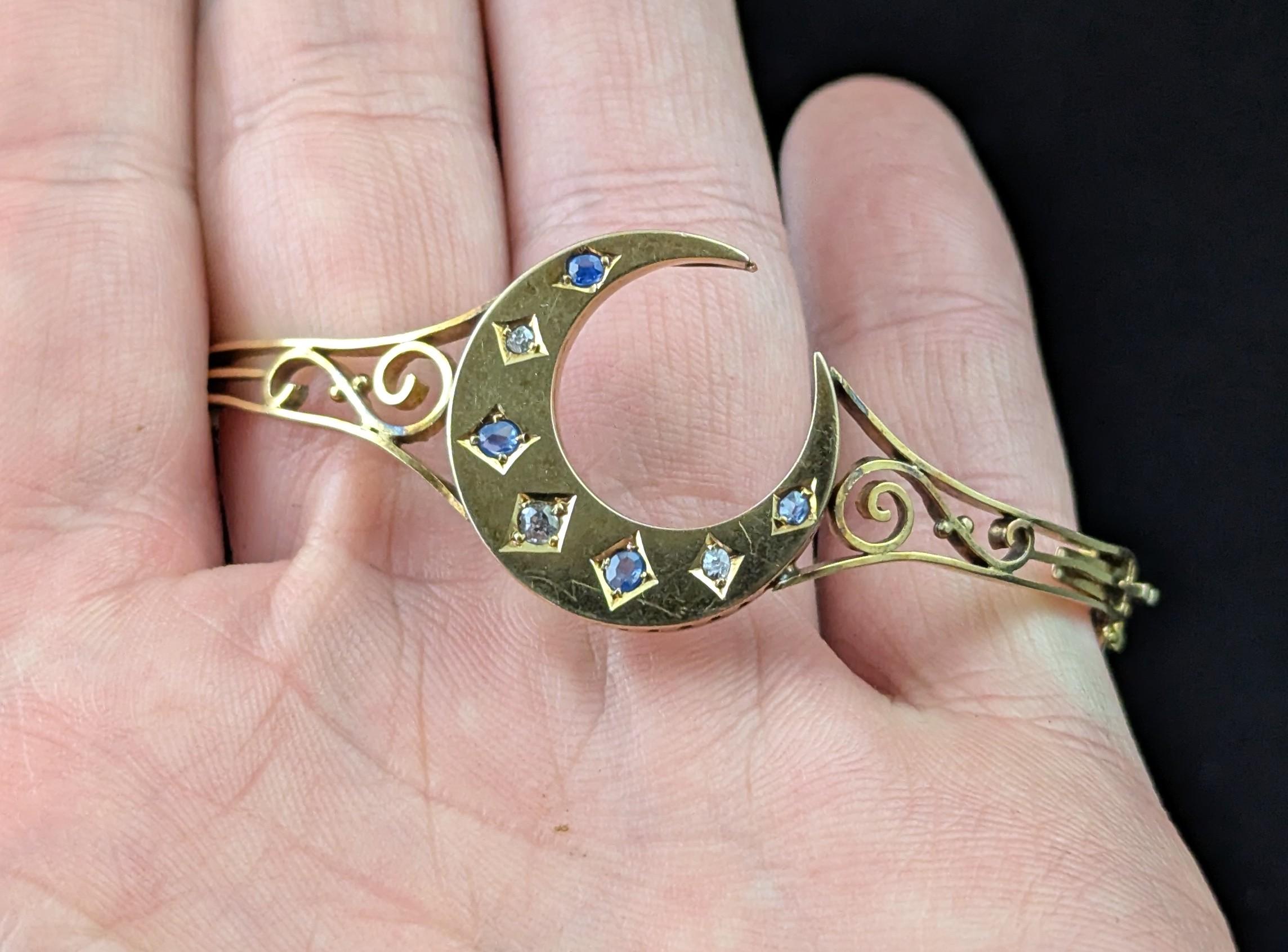 Old Mine Cut Antique Crescent moon bangle, Sapphire and Diamond, 9k gold For Sale